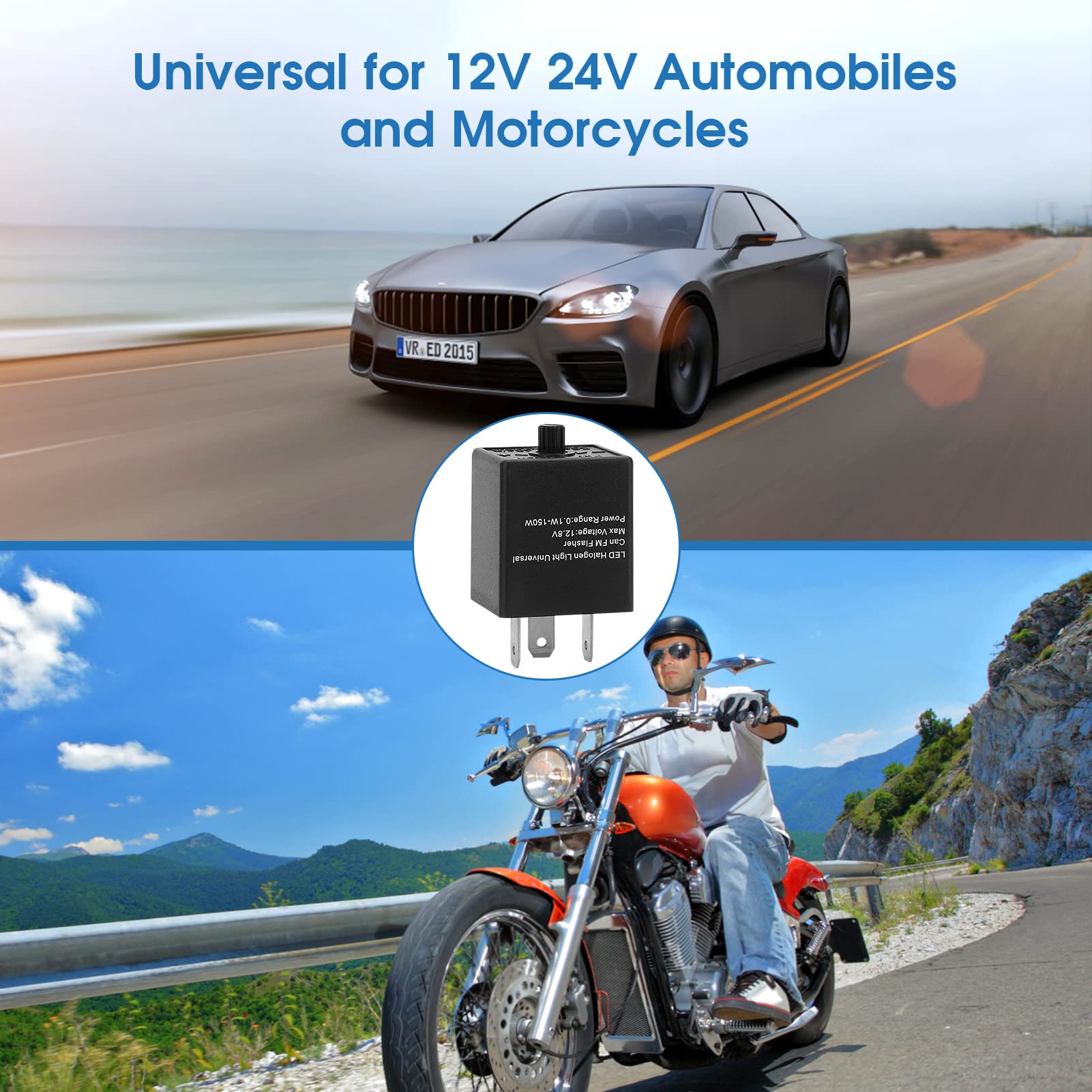 LED Flasher Relay 12V/24V, Motorcycle Electric Flasher for Turn Light Fast Hyper Flash, 1 Pack