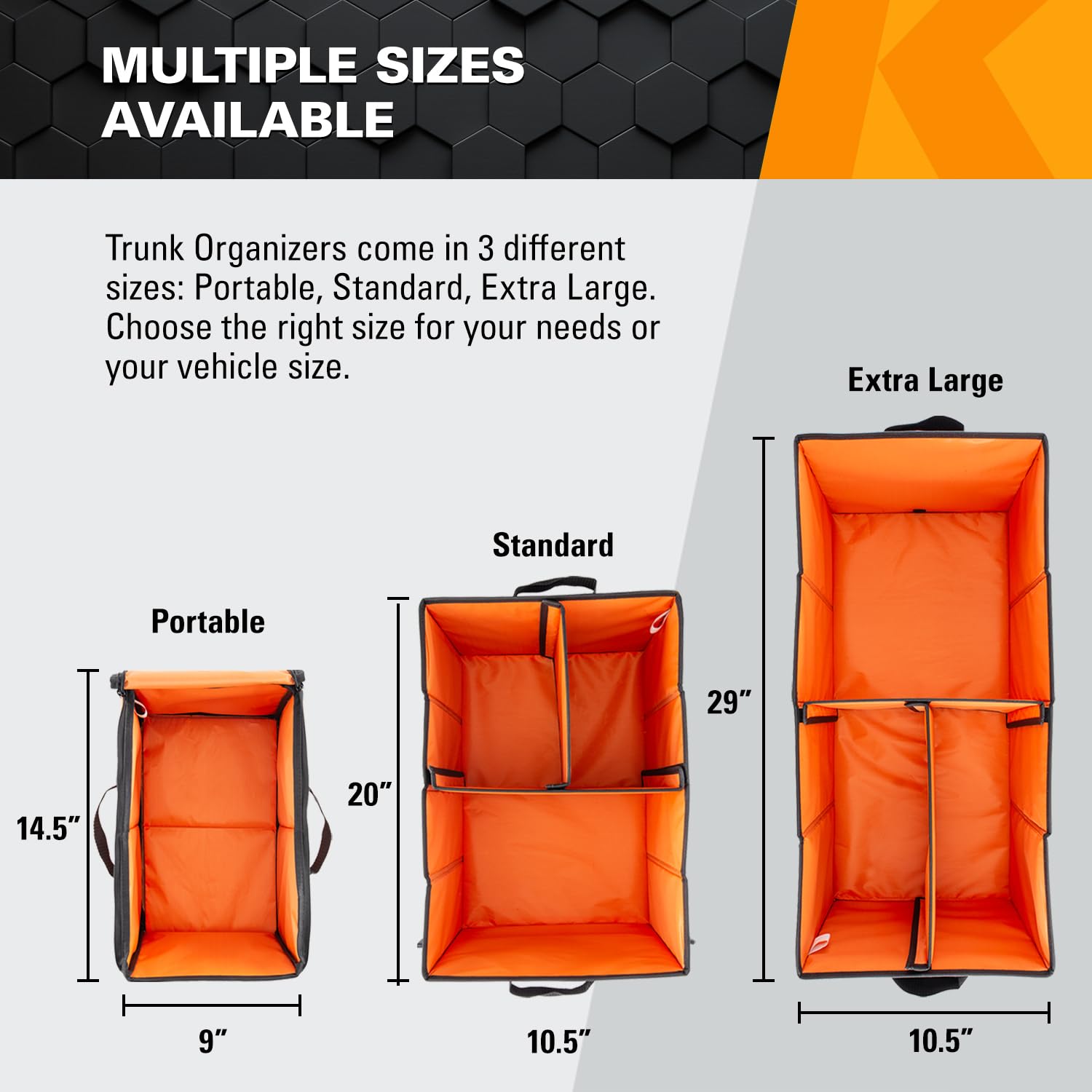 KEEPER Standard Trunk Organizer - 48L Multi-Compartment Car Storage, Black/Orange, Collapsible, Non-Slip Bottom, Model 30032