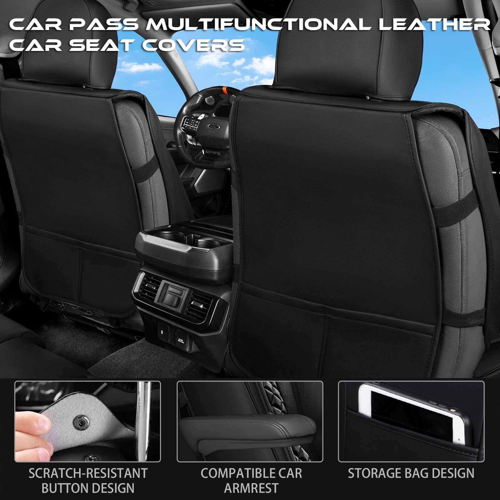 CAR PASS Nappa Leather Car Seat Covers, Waterproof 2 Pack, Black Front, Universal Fit for Sedan SUV Pickup Truck, Model SJ006BB-BK1HF-PUBB2NH22G