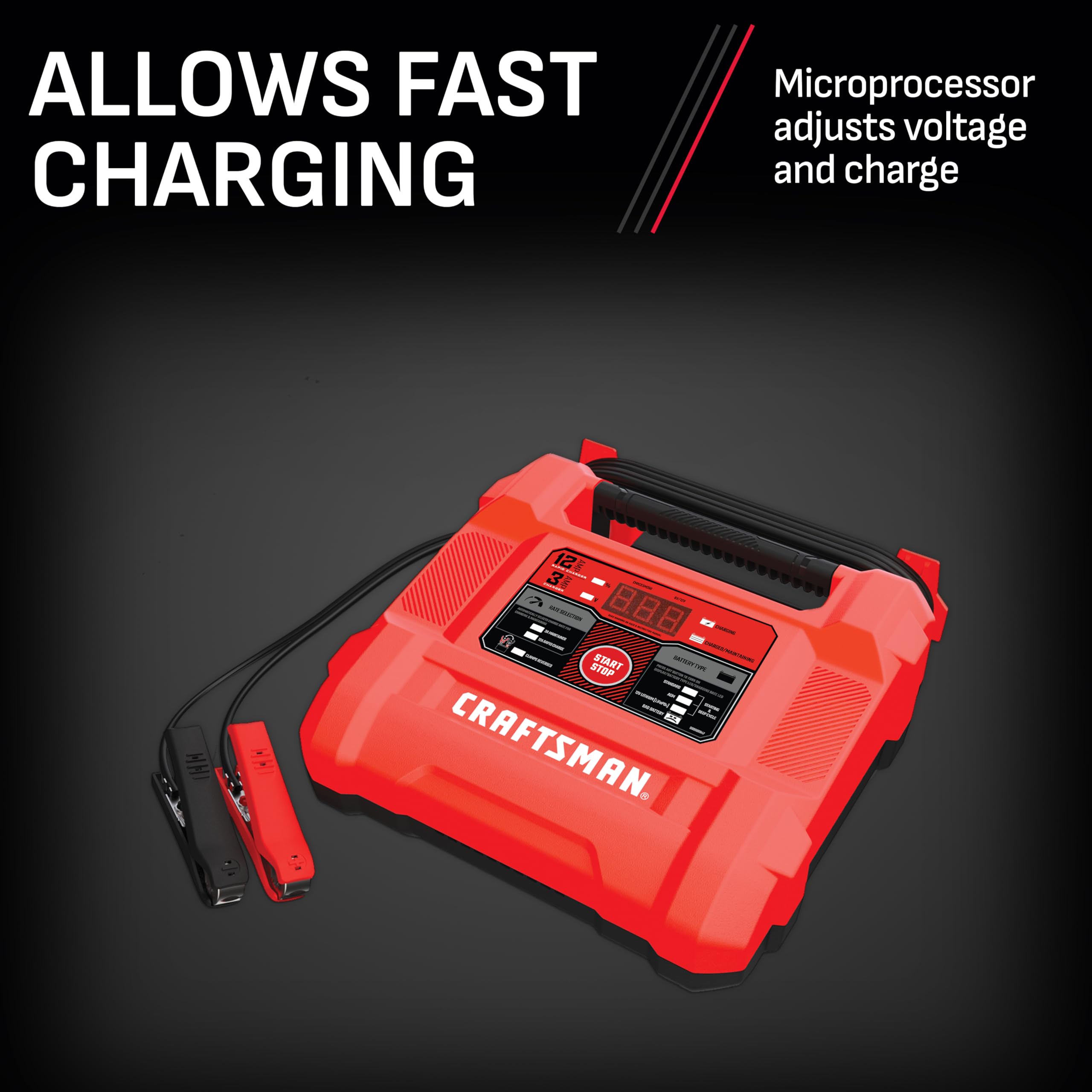 CRAFTSMAN 12A Car Battery Charger & Maintainer, 4-in-1 Solution for 6V/12V Batteries, Model CMXCESM258, Red