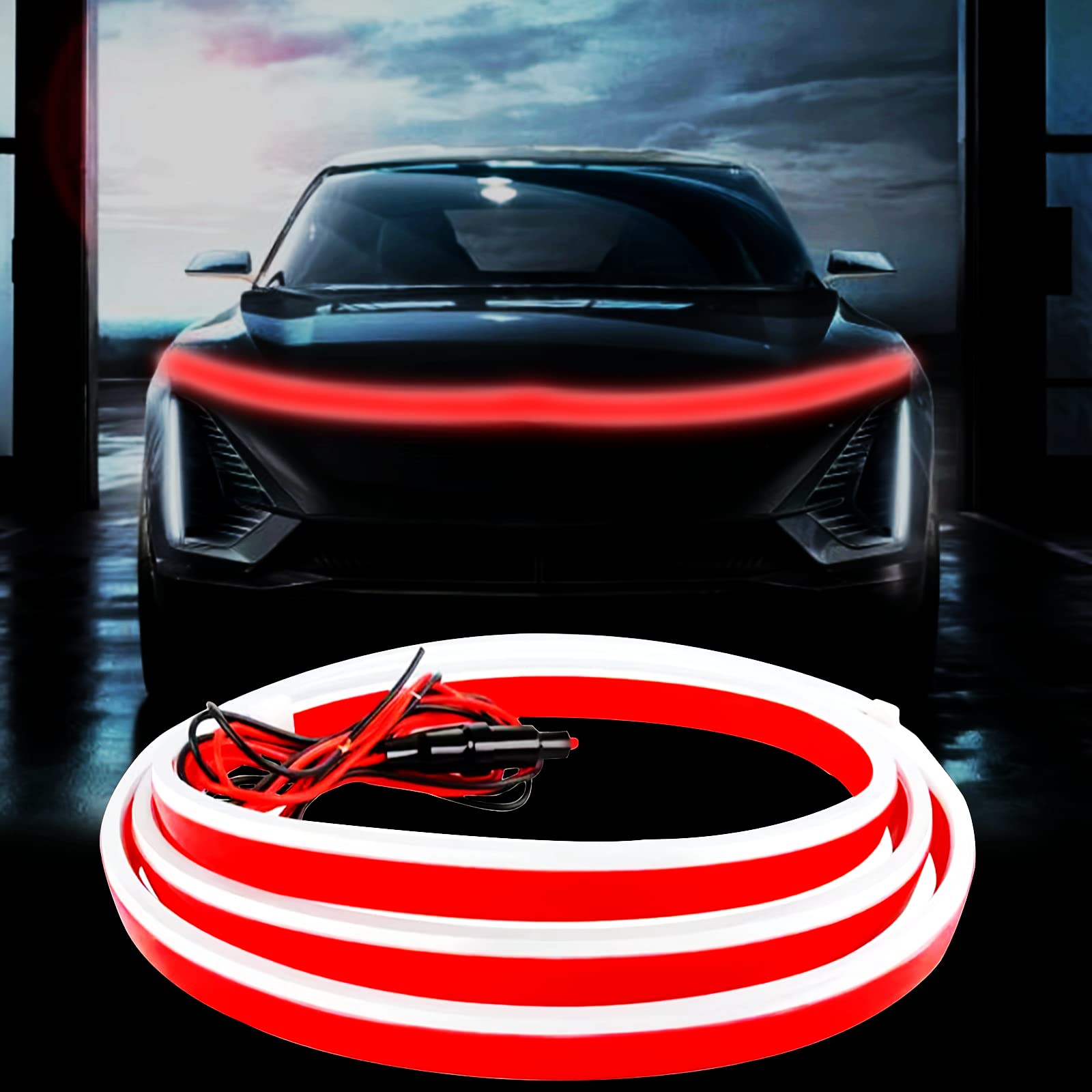 Car Hood Light, 70 Inch Auto Led Daytime Running Lights Strip, 12V Flexible Headlight Universal Engine Cover Decoration Exterior