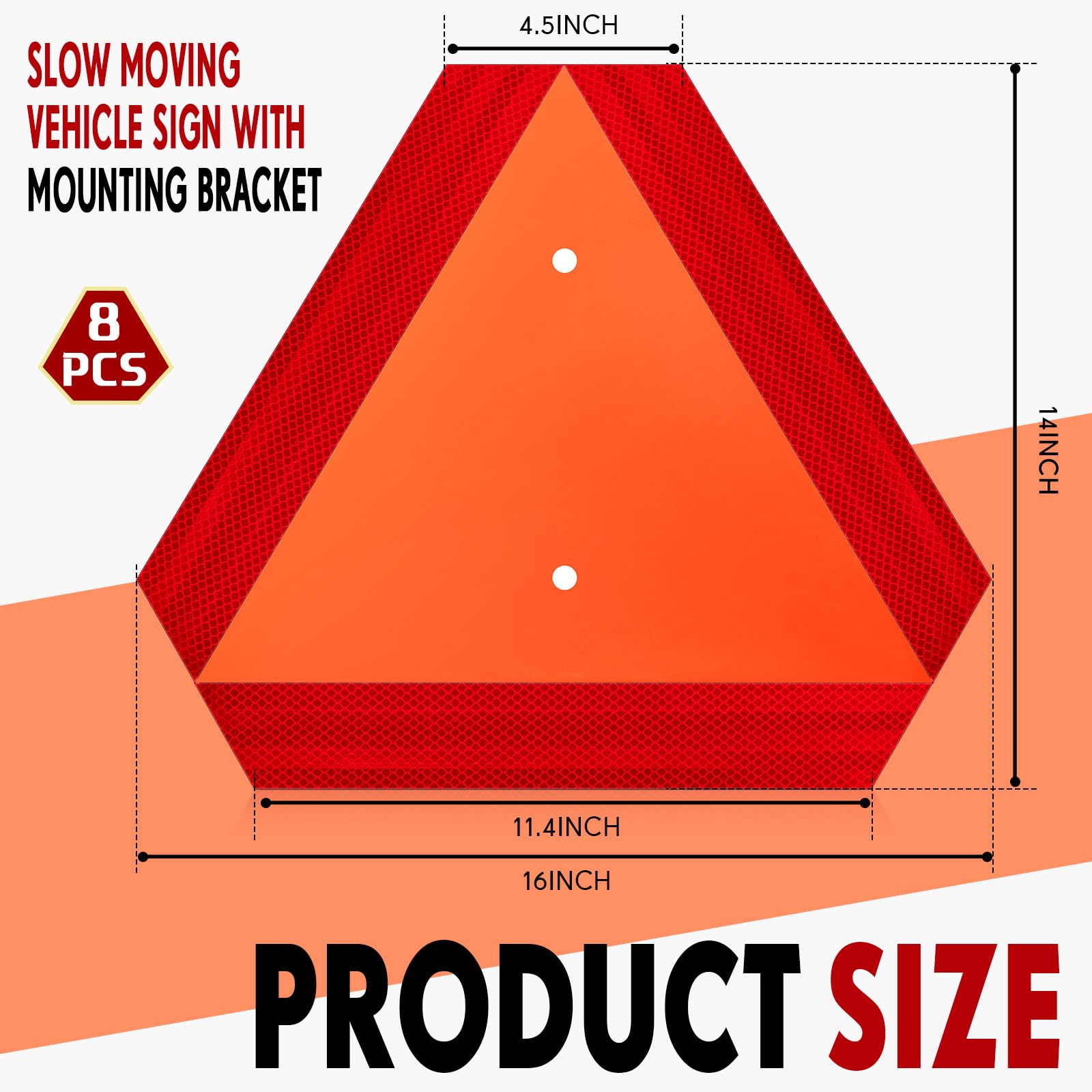 Yaocom Slow Moving Vehicle Sign Set - 8 Triangle Aluminum Warning Signs, 14 x 16 Inch, Red with Mounting Bracket for Golf Cart & Tractor