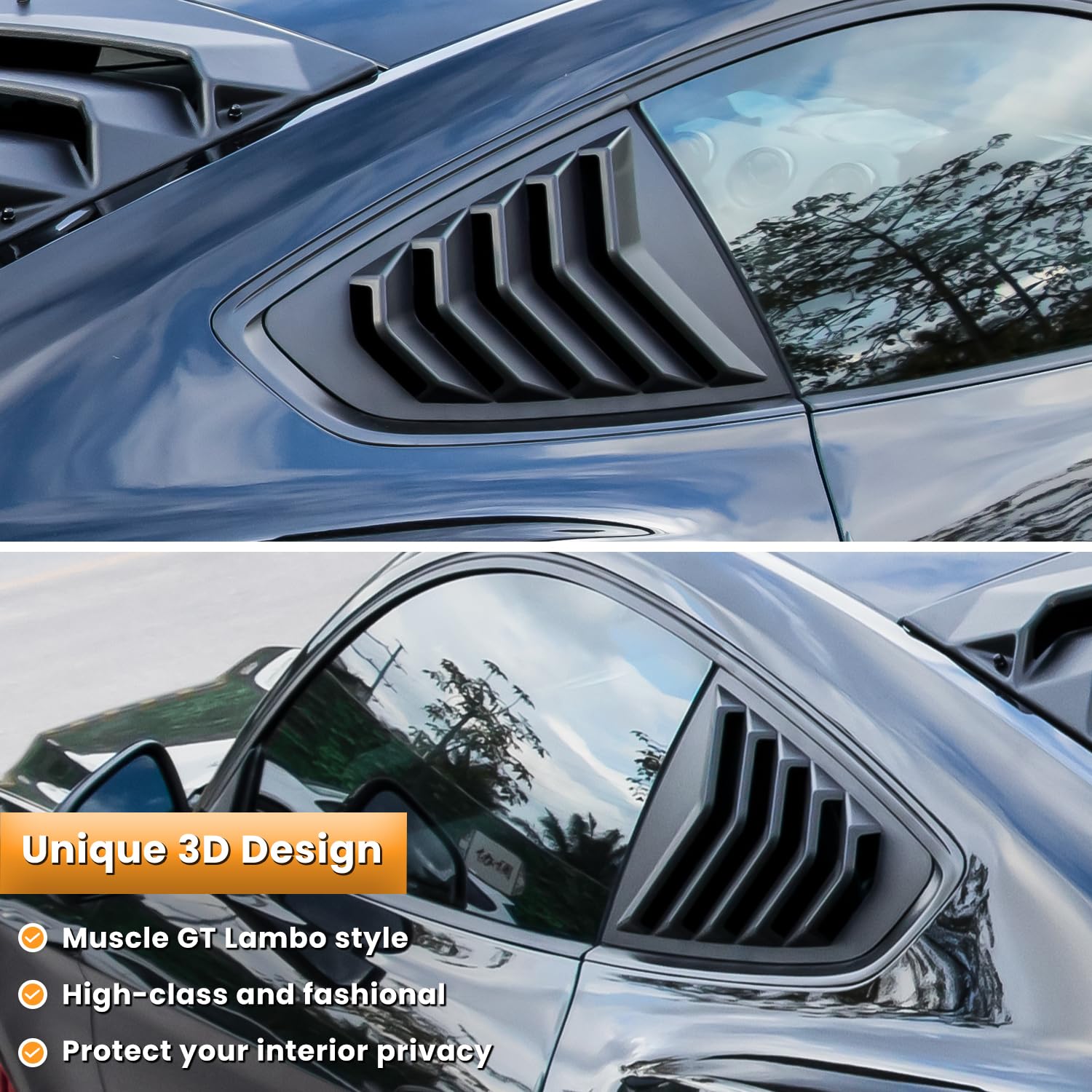 Side Window Louvers for Ford Mustang 2015 2016 2017 2018 2019 2020 2021 2022 2023 Windshield Sun Shade Cover Vent GT Lambo Style