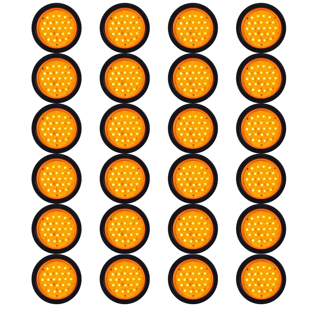 (Pack of 24X) 24-LED Amber 4 Inch Round Turn Signal Tail Light Parking Lamps w/Grommet Wiring Plug Waterproof