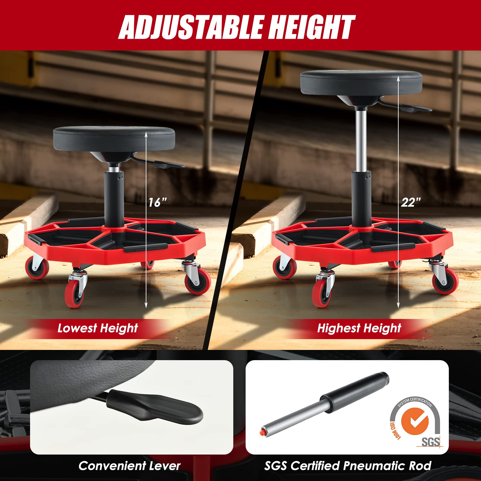 Goplus Mechanic Stool - Rolling Garage Chair, 330LBS Capacity, 16”-22” Adjustable Height, Red & Black, Removable Tool Tray, Model SU-10007-UA