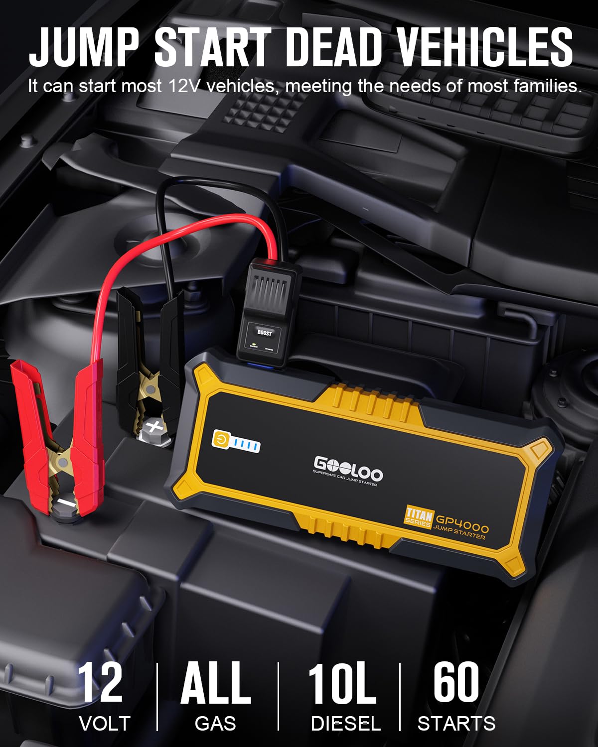 GOOLOO GP4000 Jump Starter 4000A Peak - SuperSafe 12V Lithium Battery Booster Pack, Portable Power Bank, Yellow