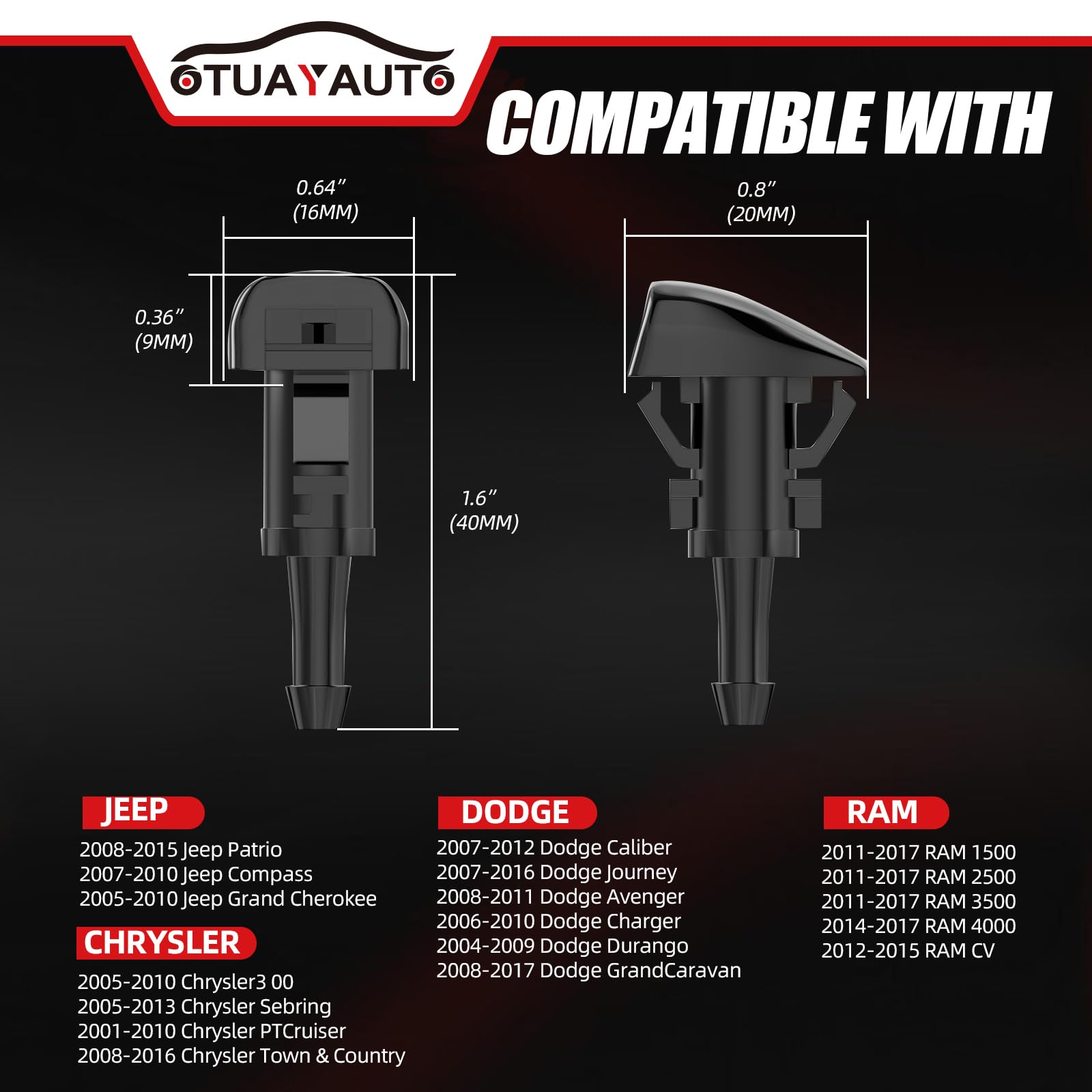 Otuayauto Front Windshield Washer Nozzles - Replacement For Chrysler, Dodge, Jeep, Ram - Replaces Oem #: 4805742Ab, 4805742Ac. 5