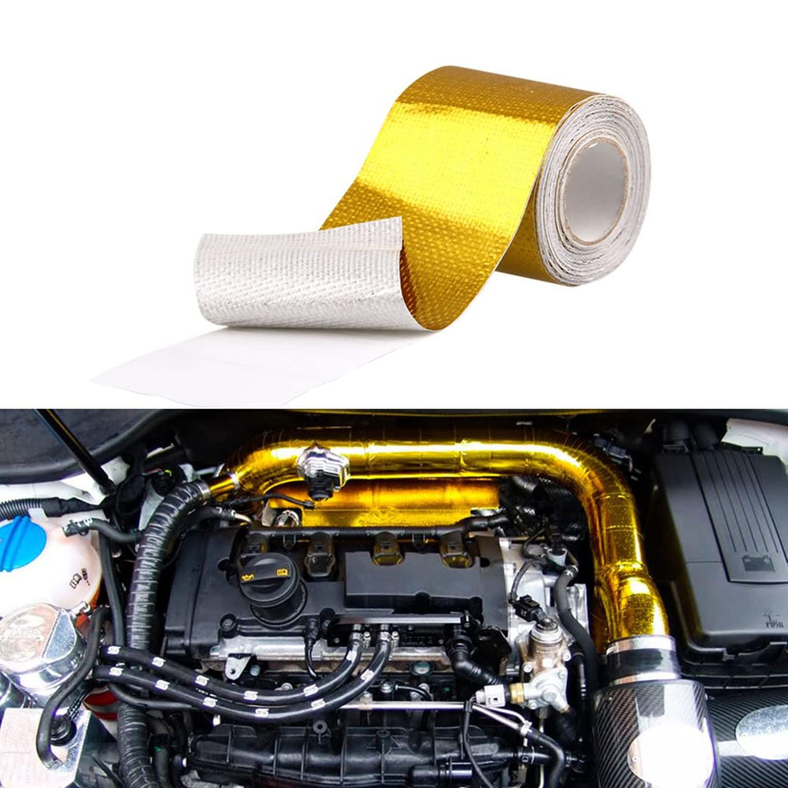 Sporacingrts 2'' x 29.5 feet (9M) Gold Adhesive Heat Shield ReflectiveTape Wrap Roll Compatible with Car Intake Pipe, Engine Bay