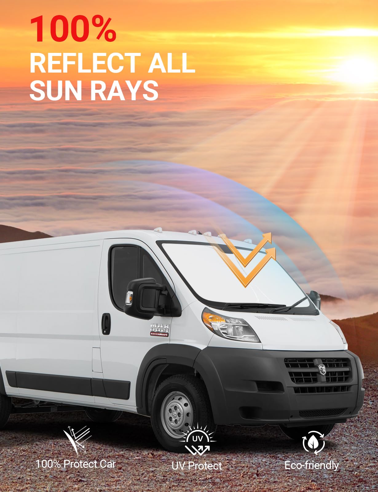 Proadsy Windshield Sun Shade - Custom Fit for Dodge Ram Promaster 2014-2025, 4-Layer UV Protection, Black & Silver, Model BI-20M0-3