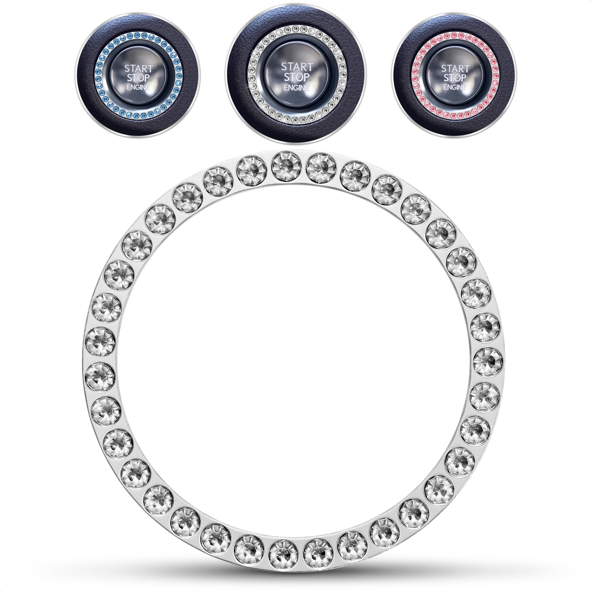 Car Bling Push Start Button Cover - Durable Zinc Alloy Bling Ring Sticker with Crystal Rhinestones, Fits Most Engine Start Stop 