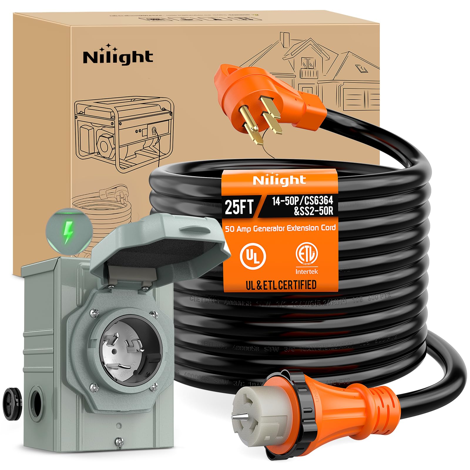 Nilight 50A 25Ft Generator Extension Cord And Power Inlet Box 125/250V Heavy Duty 6/3+8/1 Gauge Stw Etl Listed Nema 14-50P/Ss2-5