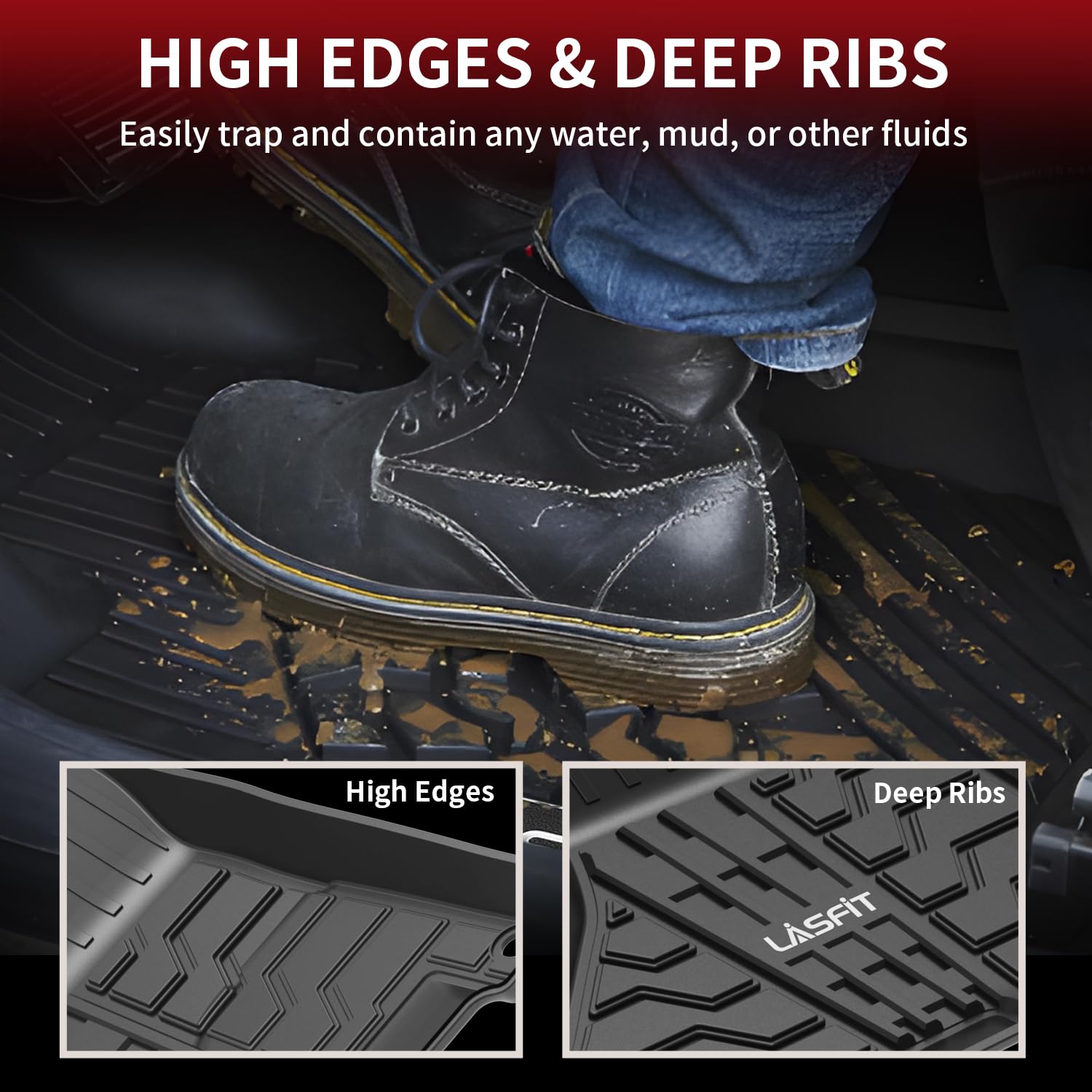 LASFIT TPE Floor Mats for Ram 1500/2500/3500 Crew Cab 2013-2018, Black, Custom Fit Truck Front Liners, Model LL-RA03
