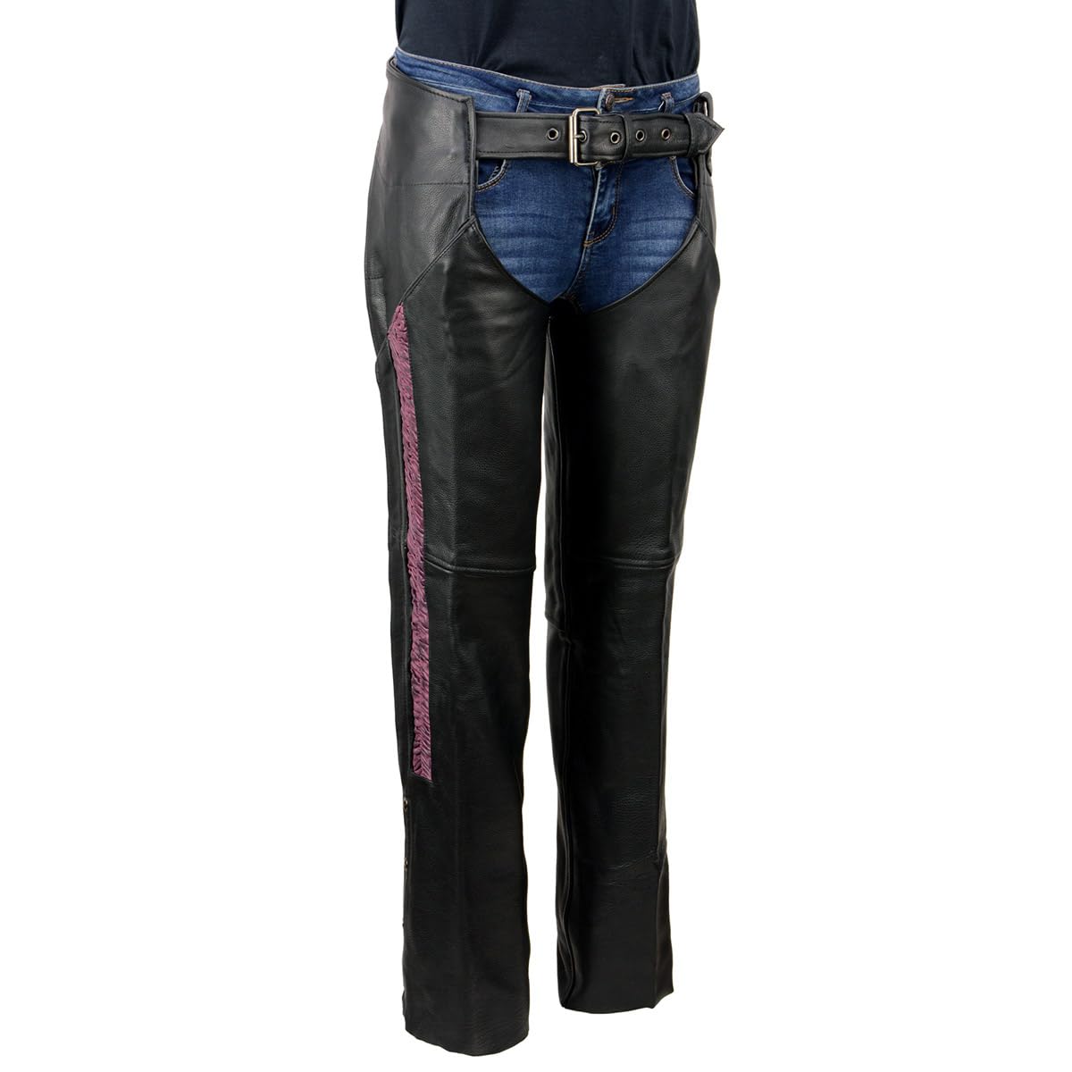 Milwaukee Leather Chaps For Women Black Naked Skin Purple Crinkled Stripes- Reflective Trim Motorcycle Chap Mll6500 - Small