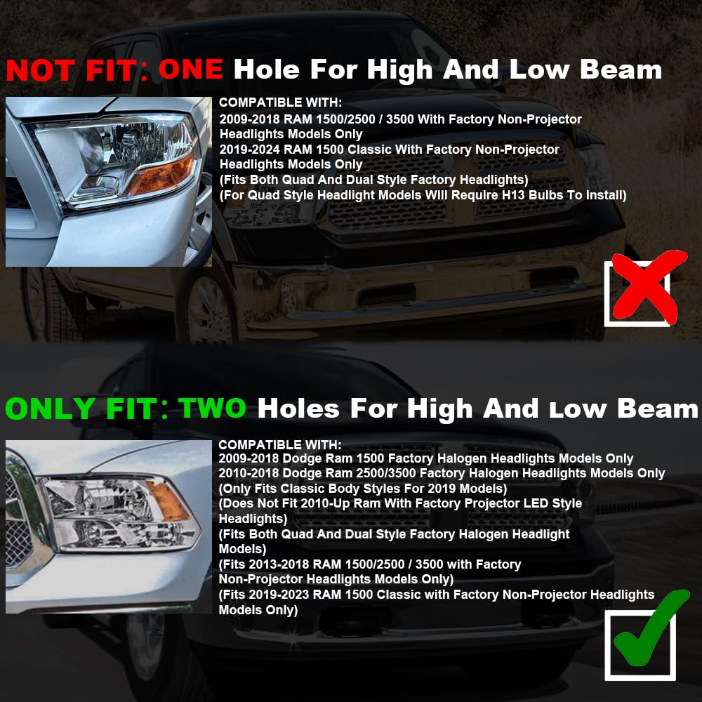 Cheda Headlights Assembly Compatible With 2009-2012 Dodge Ram 1500 2500 3500 Headlamp(Clear Lens Black Housing Amber Reflector)O