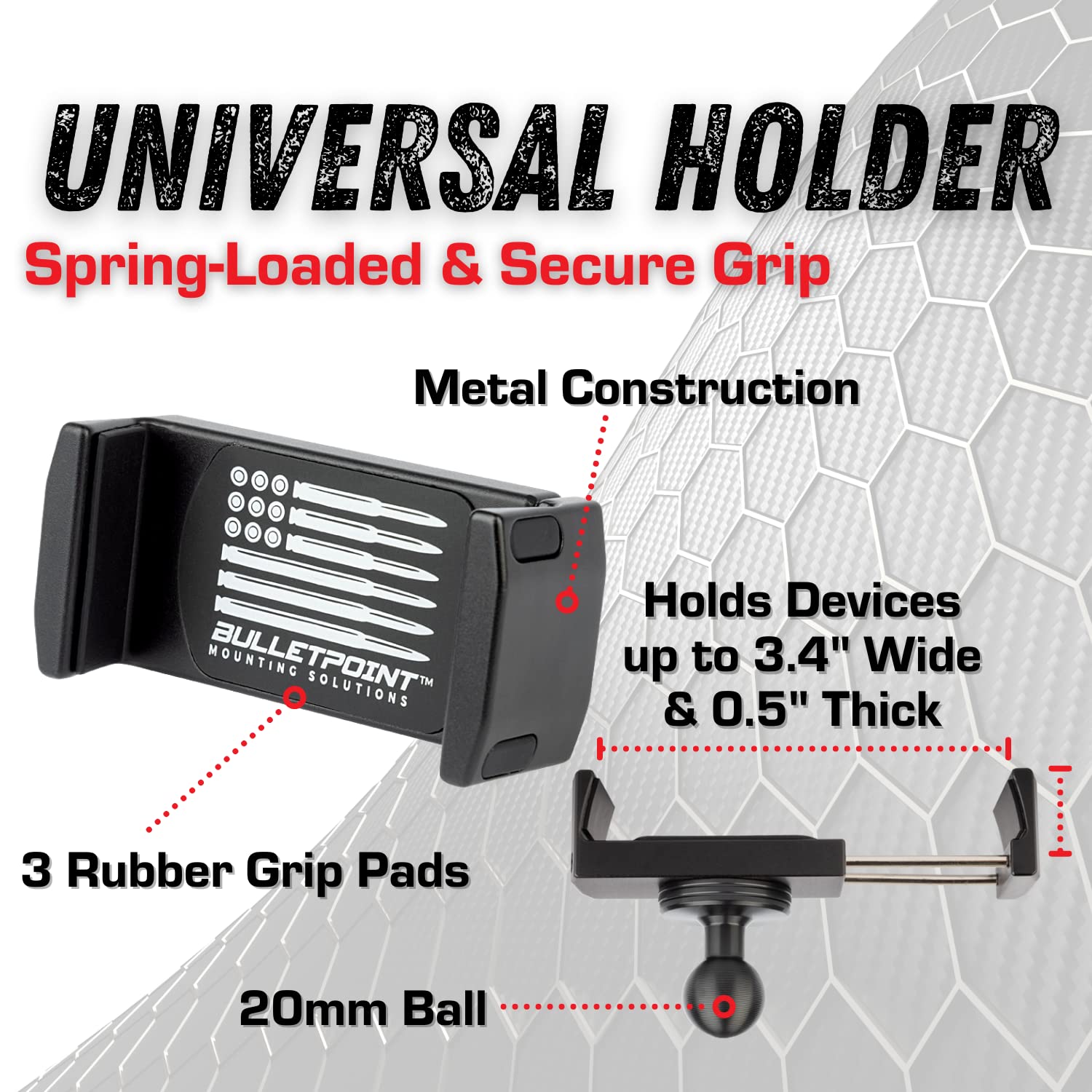 Bulletpoint Dash Mount Cell Phone Holder for 2011-2018 Jeep Wrangler JK, 20mm Ball, Aluminum, Black, Model A-1