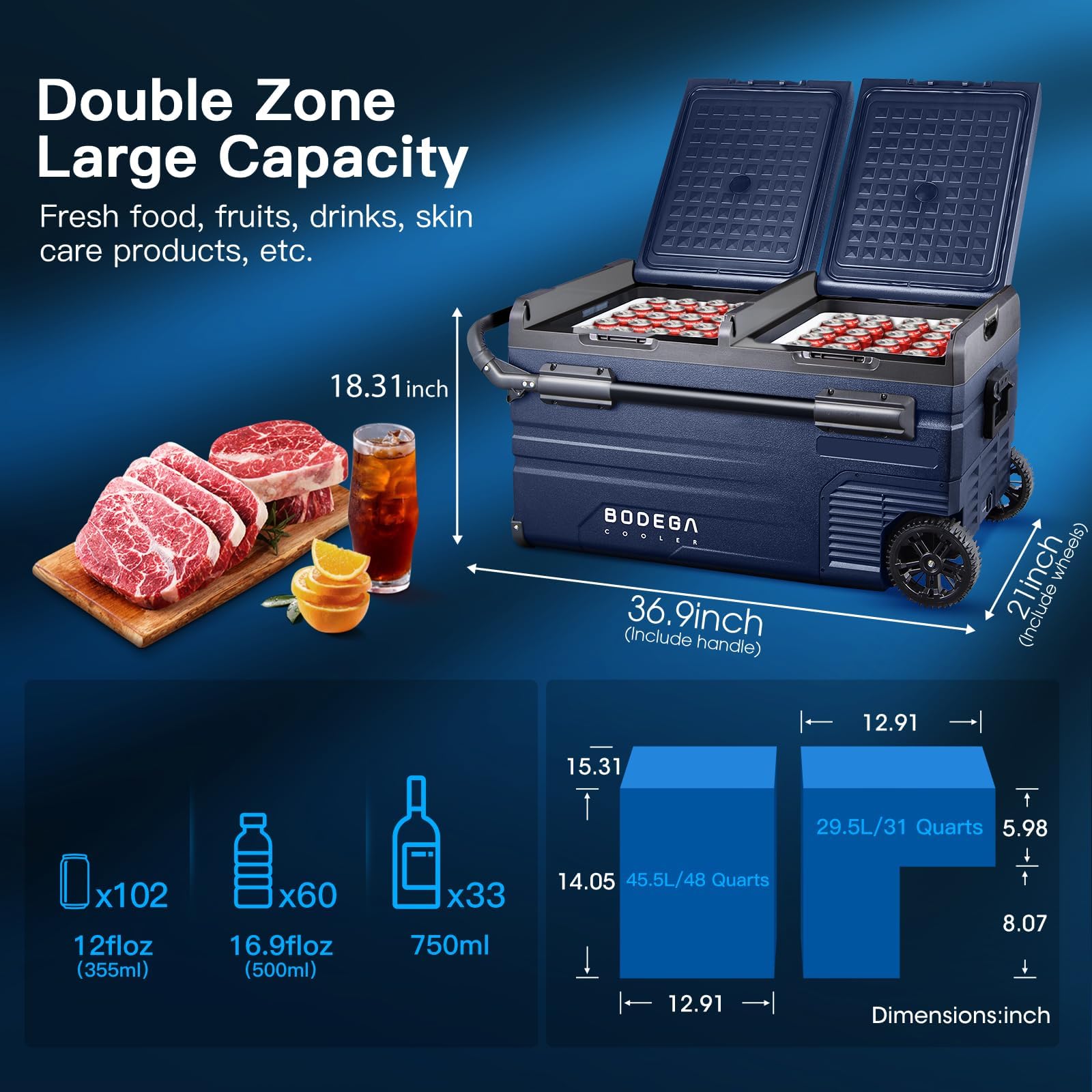 Bodegacooler 12 Volt Car Refrigerator, Portable Freezer, Car Fridge Dual Zone Wifi App Control, 80 Quart(75L) -4?-68?Car Cooler,