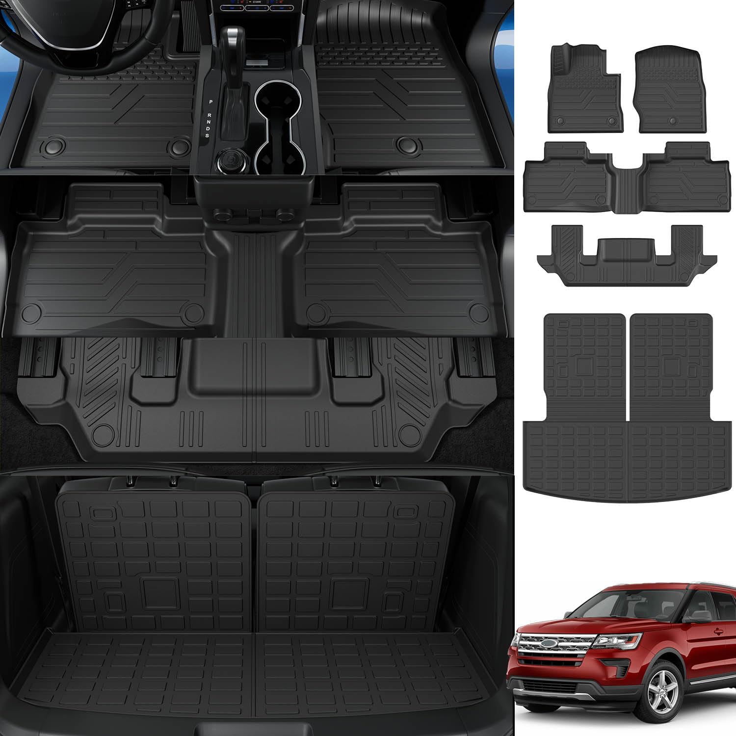 Powoq 6 Seat Floor Mat Compatible With 2020-2025 Ford Explorer Cargo Mat With Backrest Mat Replacement For 2020-2022 2023 2024 2