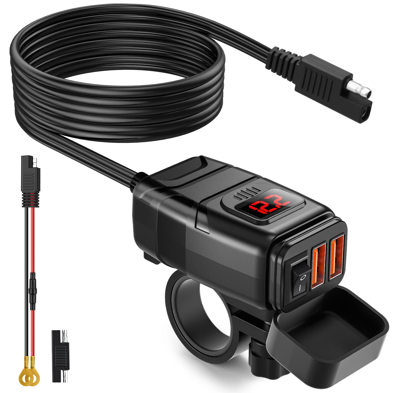 EXTRACTME Motorcycle USB Charger, 6.8A Quick Charge 3.0, Waterproof, Red Voltmeter, Model EM MTCCD