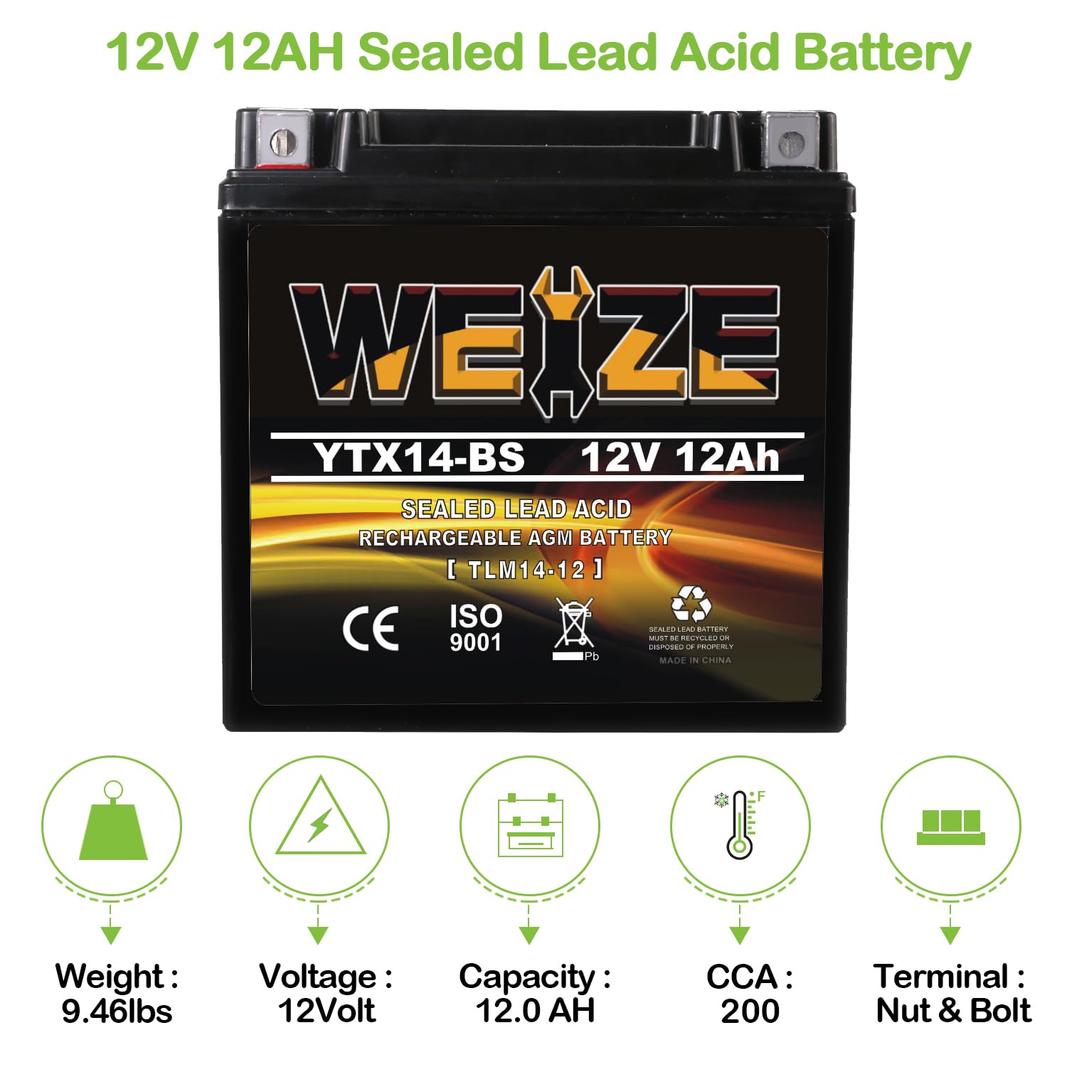 WEIZE YTX14-BS ATV Battery - Maintenance Free Sealed AGM - Black - Compatible with Honda, Suzuki, Kawasaki, Yamaha