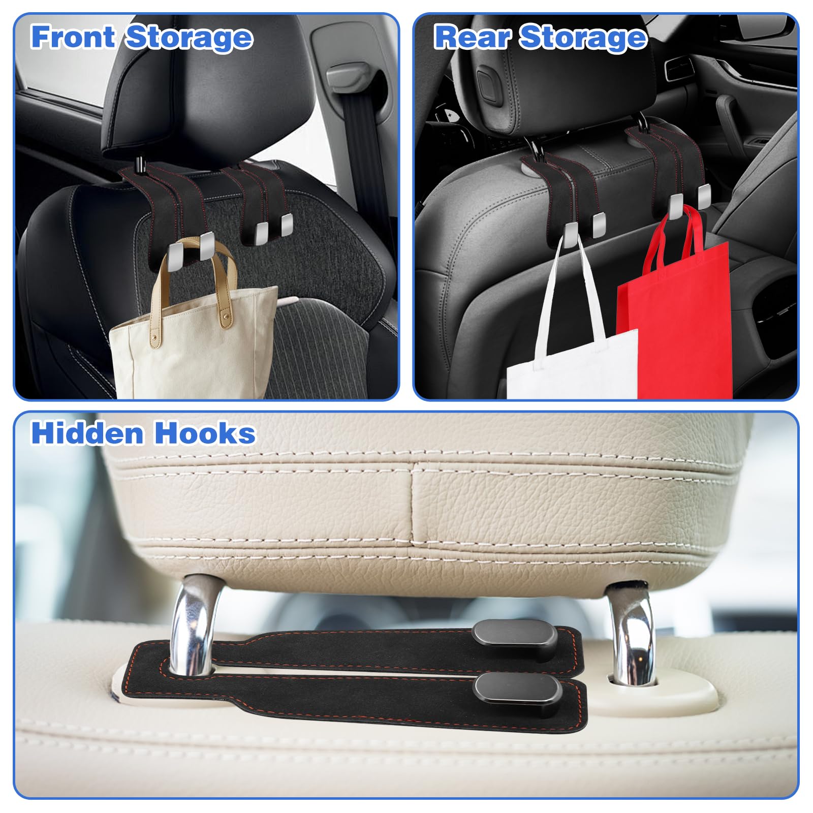 2Pcs Car Hooks For Headrest, Car Seat Hooks Purse Hook For Car, Double Headrest Hooks Purse Holder & Mobile Phone Holder, Car Ha