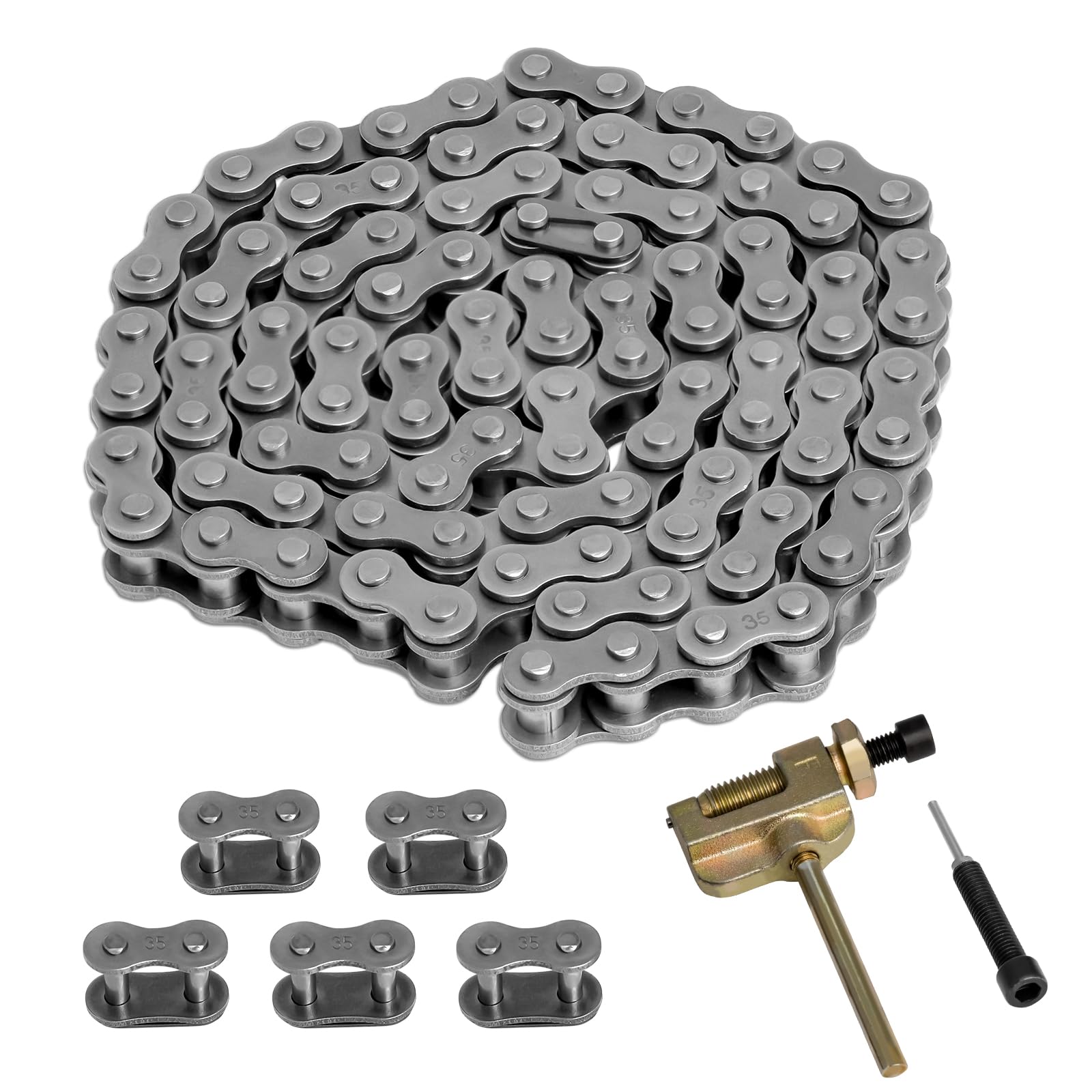 Belleone #35 Roller Chain, 3 Feet 35 Chain With 5 Master Links, Chain Breaker- Carbon Steel Chain For Mini Bike, Go Kart, Motorc