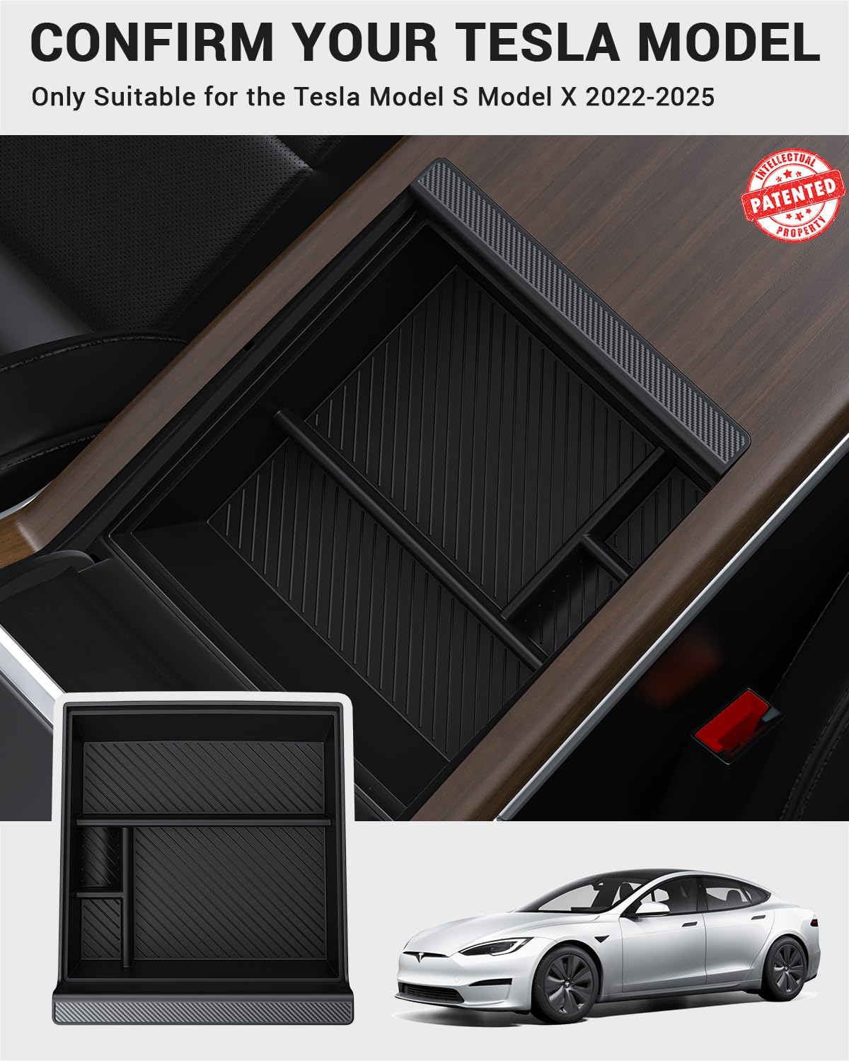 Basenor Upgraded 2022-2025 Tesla Model S Model X Center Console Organizer Tray(Carbon Edition), Armrest Storage Box For Model S/