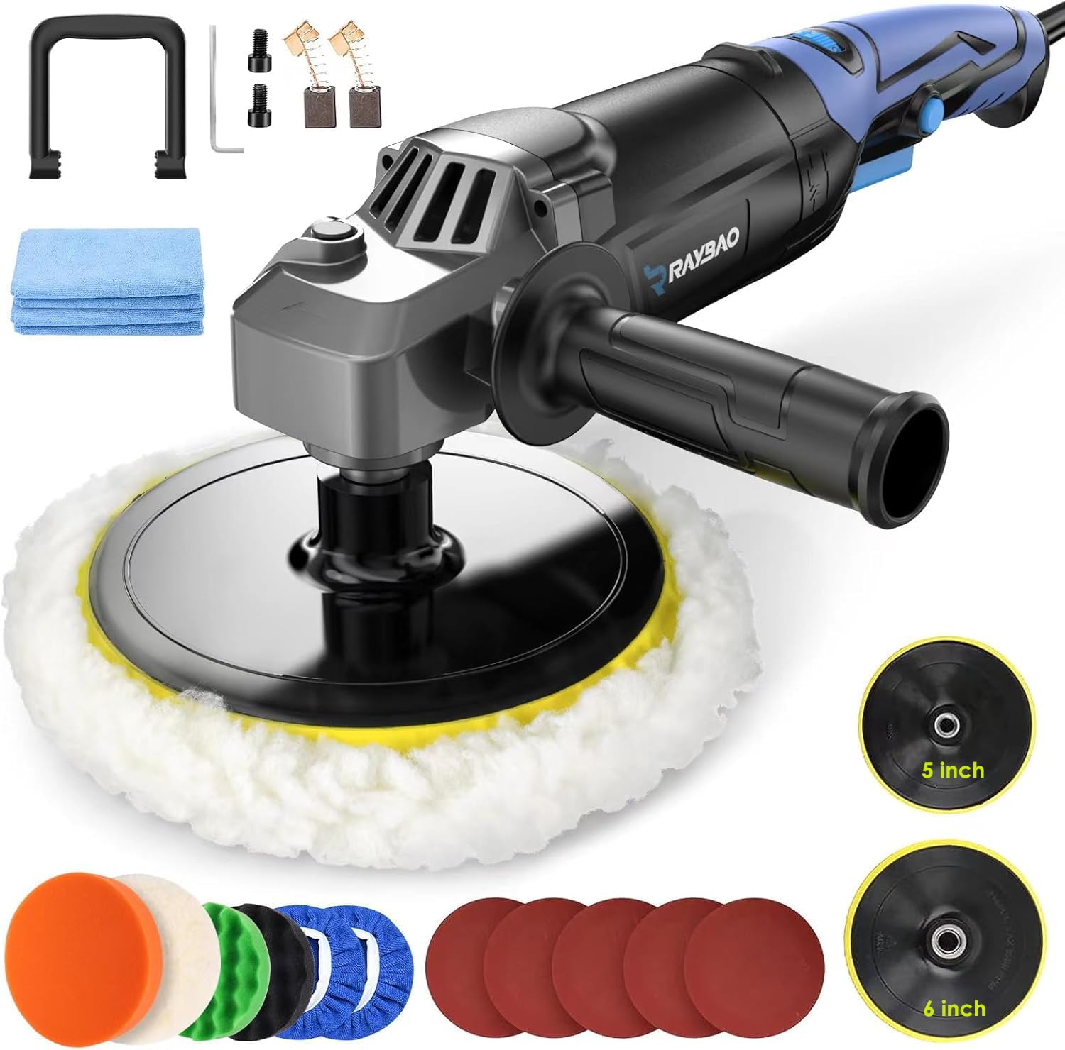 RAYBAO Buffer Polisher, Rotary Buffer 1200W, Car Buffing Kit with Speed 1600-3500RPM, 6inch/7inch Backing Plate, Buffer Polisher