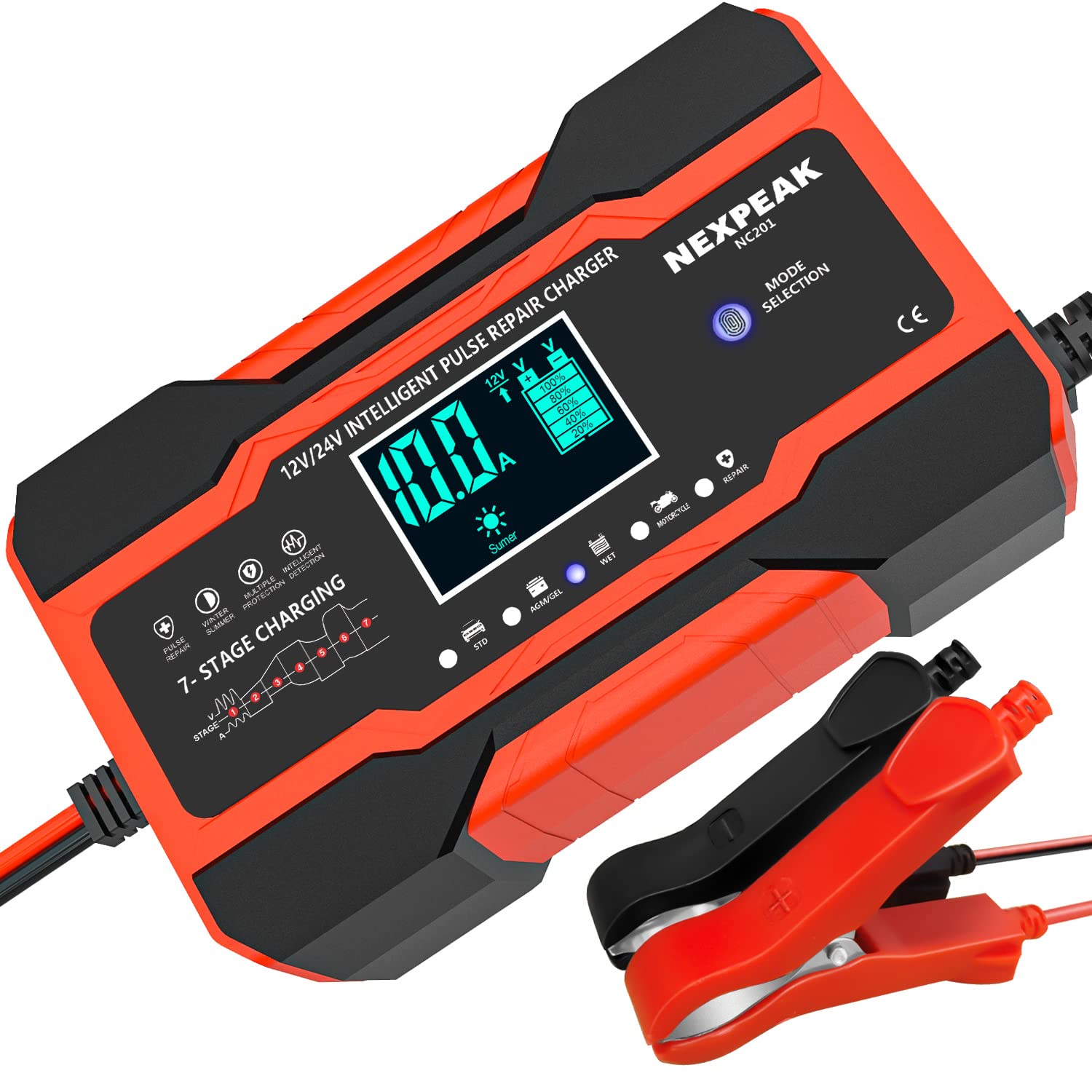 Nexpeak 10-Amp Smart Fully Automatic Battery Charger, 12V And 24V, Maintainer Trickle Charger W/Temperature Compensation For Car