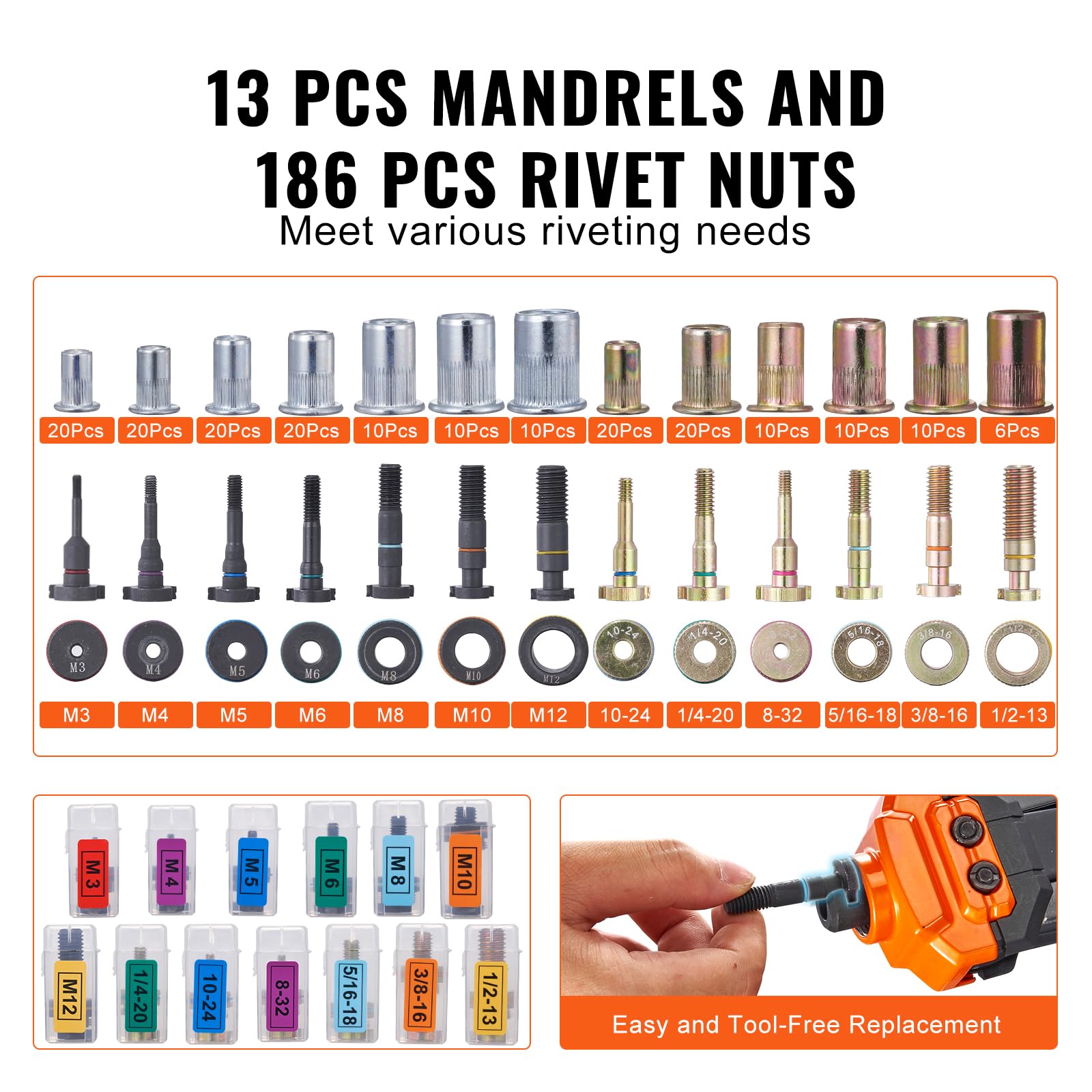 VEVOR Rivet Nut Tool, 16    Rivnut Tool Kit with 13PCS Metric and SAE Mandrels, 186PCS Rivet Nuts, M3, M4, M5, M6, M8, M10, M12,