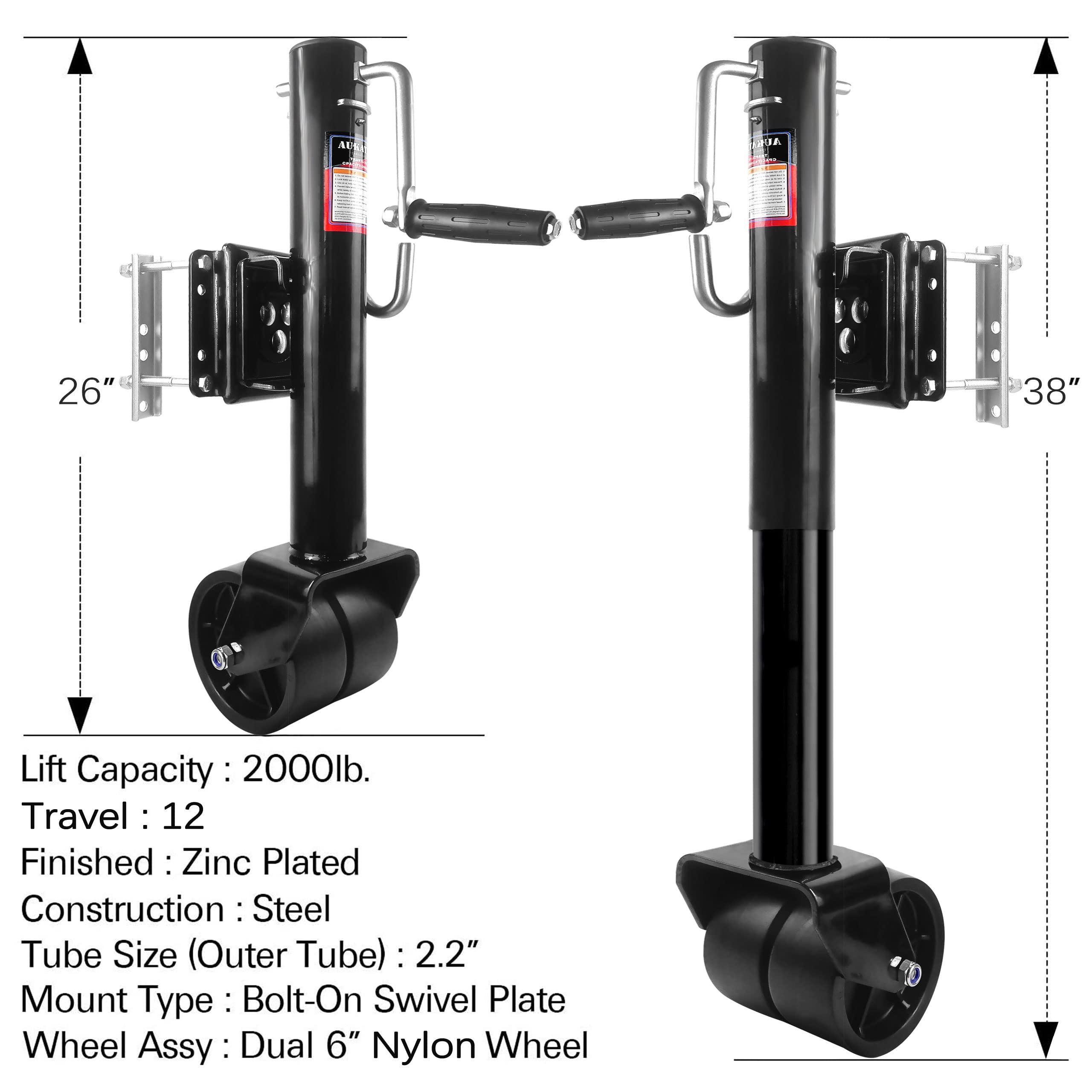 Aukayne Heavy Duty Boat Trailer Jack with Wheel, 2000 LBs Capacity, 12" Lift, Alloy Steel, Black, Model TJ169
