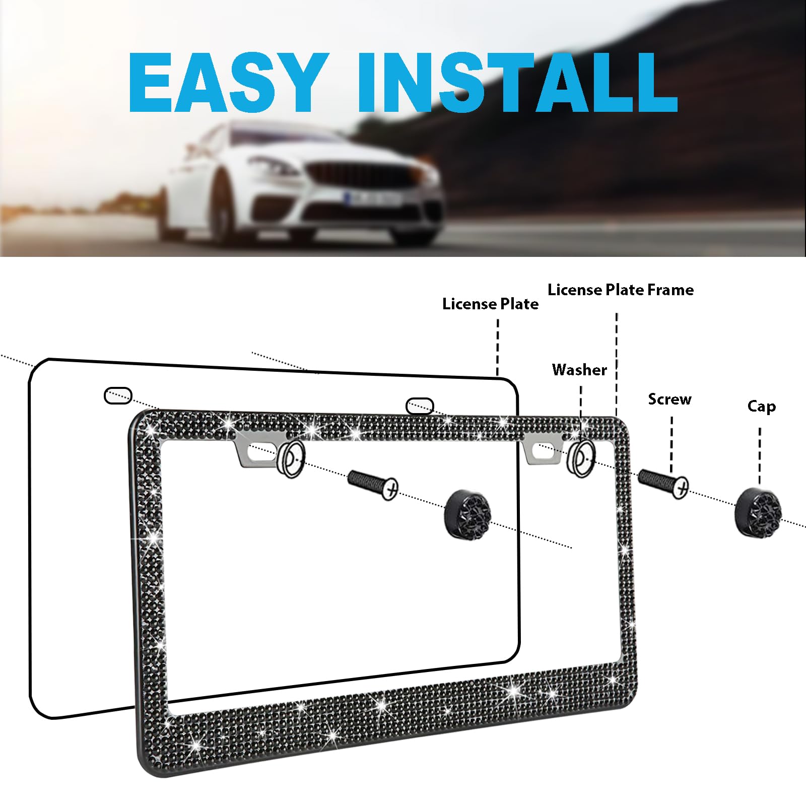 Black Bling License Plate Frame 2 Pack Rhinestone License Plate Frame Car License Plate Frame Sparkly License Plate Frame Holder