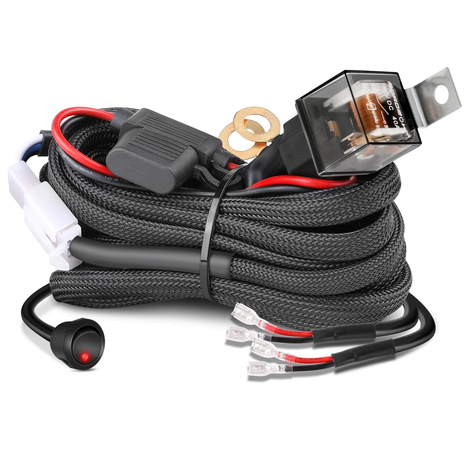 Wiring Harness Kit 12AWG 2 Lead, Nirider 12V Heavy Duty Rocker Switch Relay Fuse Nylon Wiring Harness for LED Light Bars Fog Lig