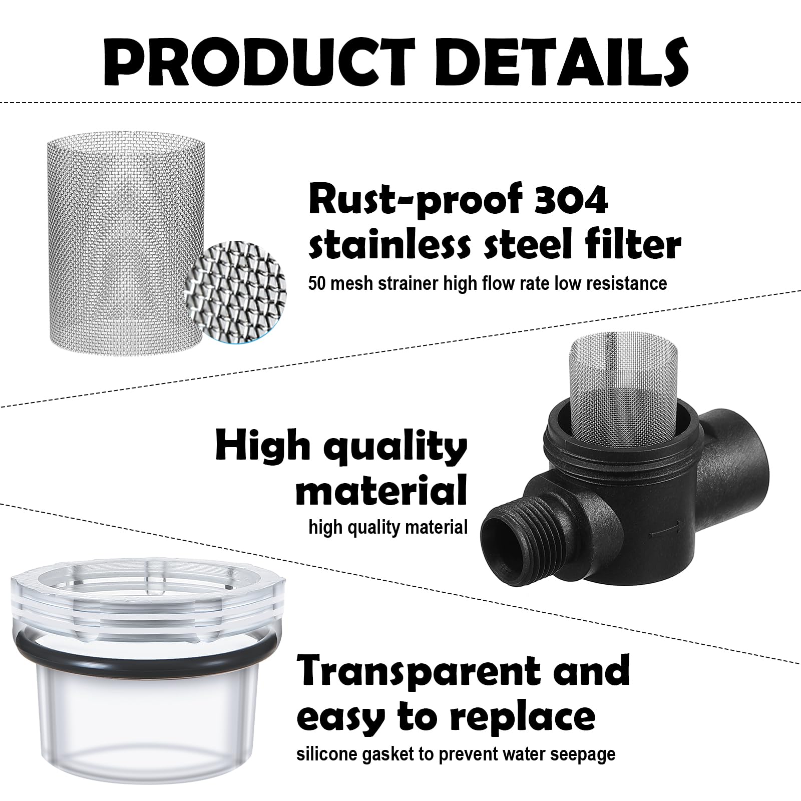 Honoson 3 Pcs Water Pump Strainer Filter Set Include Twist on Pipe Filter and Extra 50 Mesh Stainless Steel Screen, Rv Replaceme