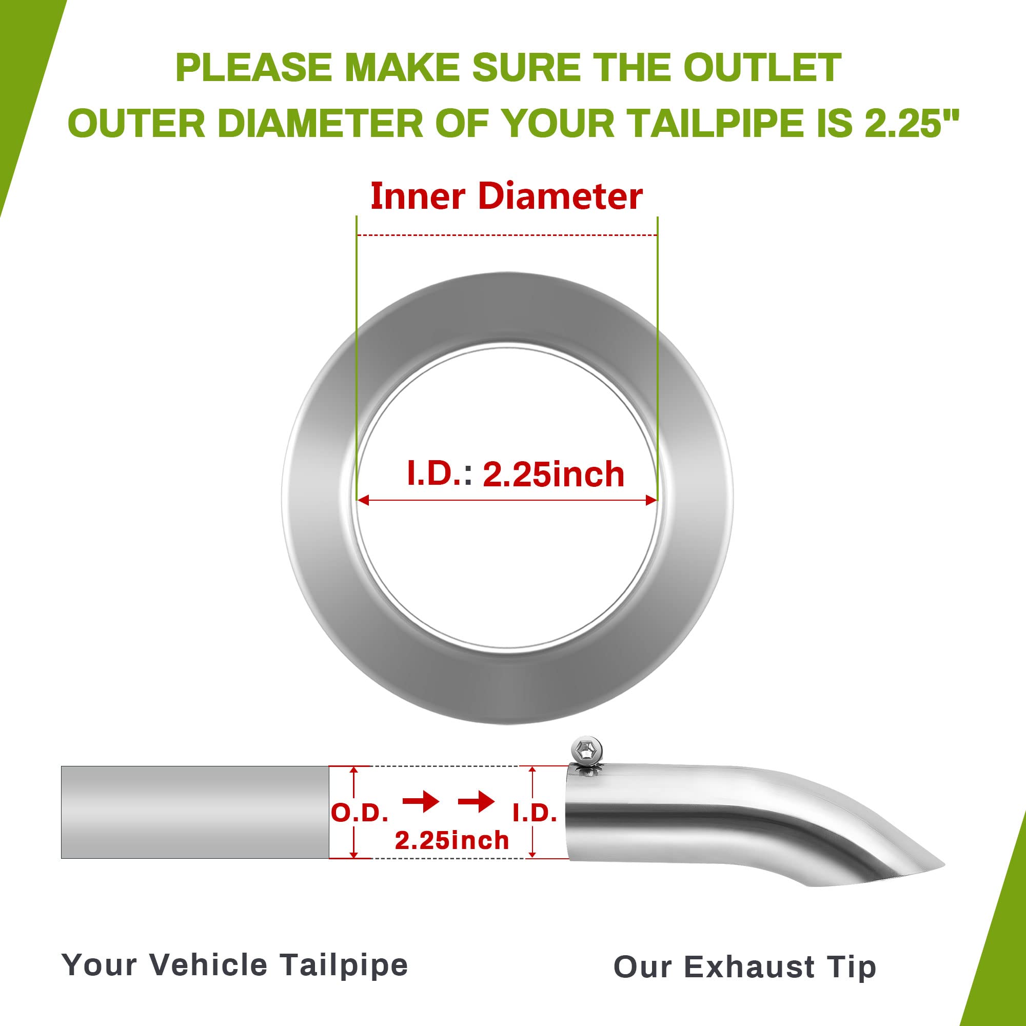 Autosaver88 2.25 Inch Inlet Exhaust Tip, 2.25' Inlet 2.25' Outlet 9' Overall Length Stainless Steel Turn Down Exhaust Tail Tip For 2 1/4 Inch Outside Diameter Tailpipe, Chrome-Plated, Bolt On