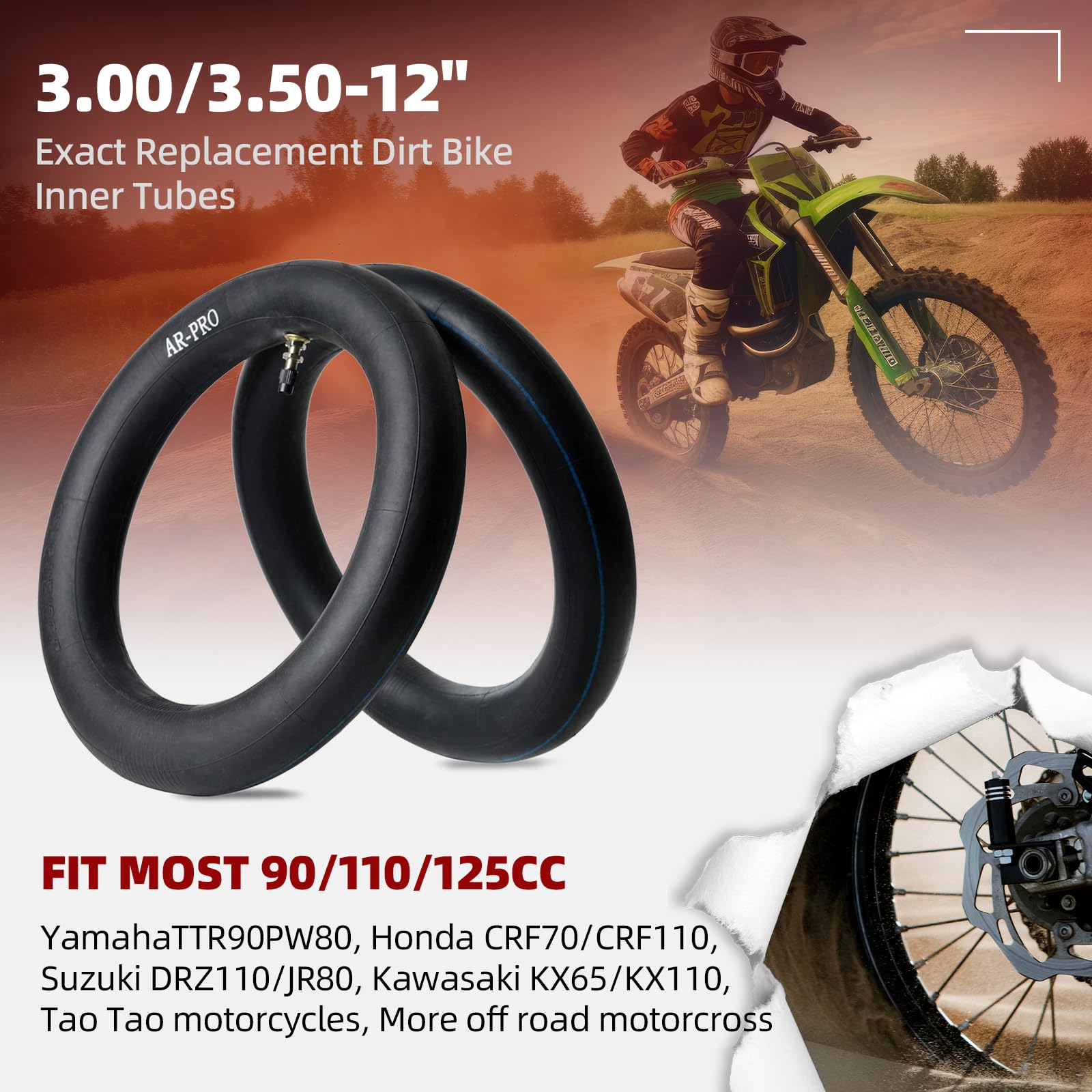 (2-Pack) Ar-Pro 3.00/3.50-12'' Dirt Bike Inner Tubes With Tr4 Valve Stem - 80/200-12 Motocross Bike Tire Replacement Inner Tubes