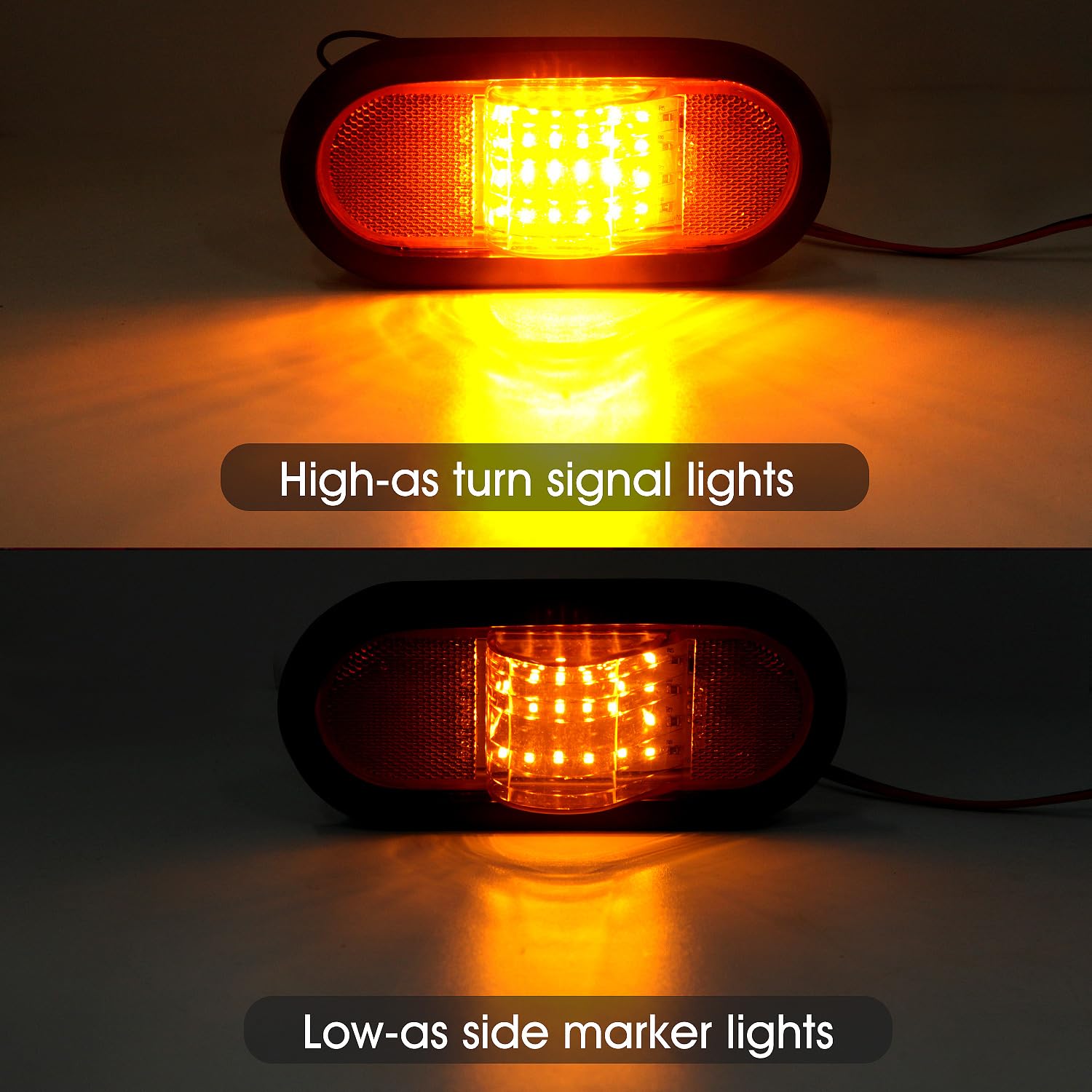 2Pcs 6.5 Inch Oval Led Side Marker Lights And Mid Ship Turn Signal Amber W/Reflex Lens Rubber Grommet Sealed W/3 Prong Wire Pigt