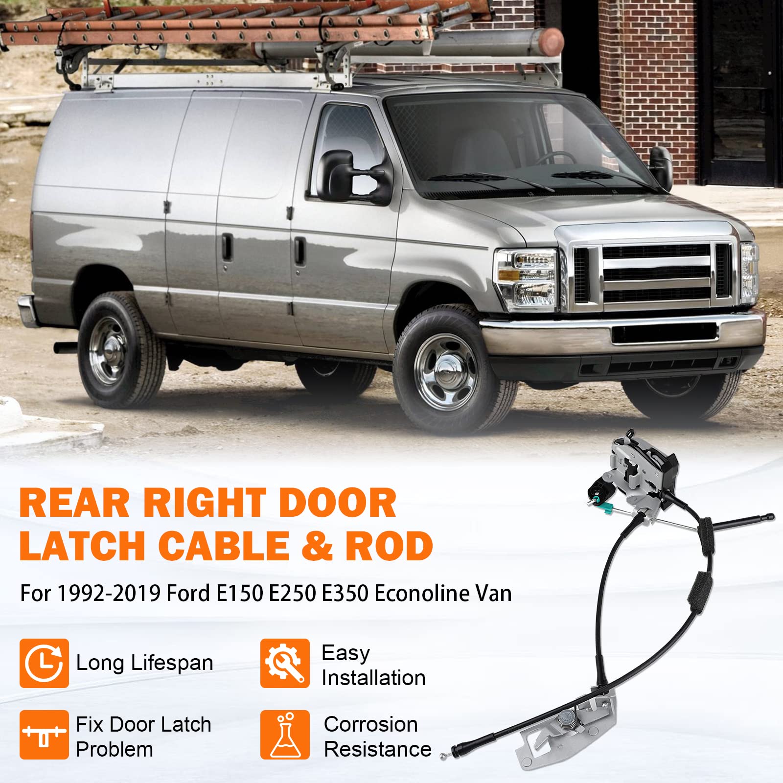 Yinlowa Rear Door Latch Cable Assembly for Ford E150 E250 E350 1992-2019, Right Side, Silver, Metal