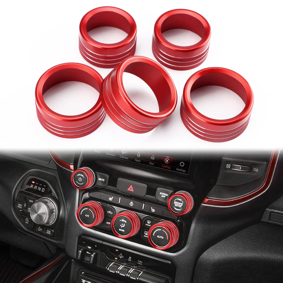 Auovo AC Knob Cover for Ram 2019 2020 2021 2022 Accessories Air Condition Switch Volume Tune Switch Knob Ring Cover 5pcs Trim(RE