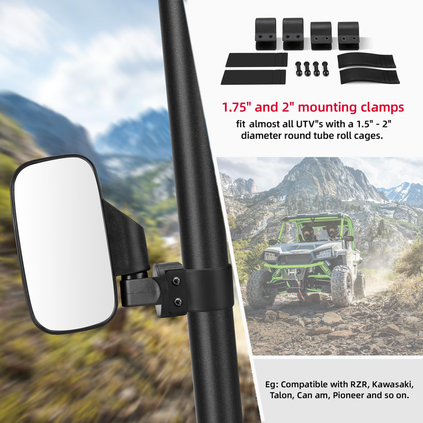 Kemimoto Utv Side Mirrors And Center Mirror With 1.6 To 2 Roll Bar Cage, Adjustable Rear View Side Mirrors Compatible With Polaris Rzr, Zforce, Commander Maverick X3, Viking, Rhino, Teryx