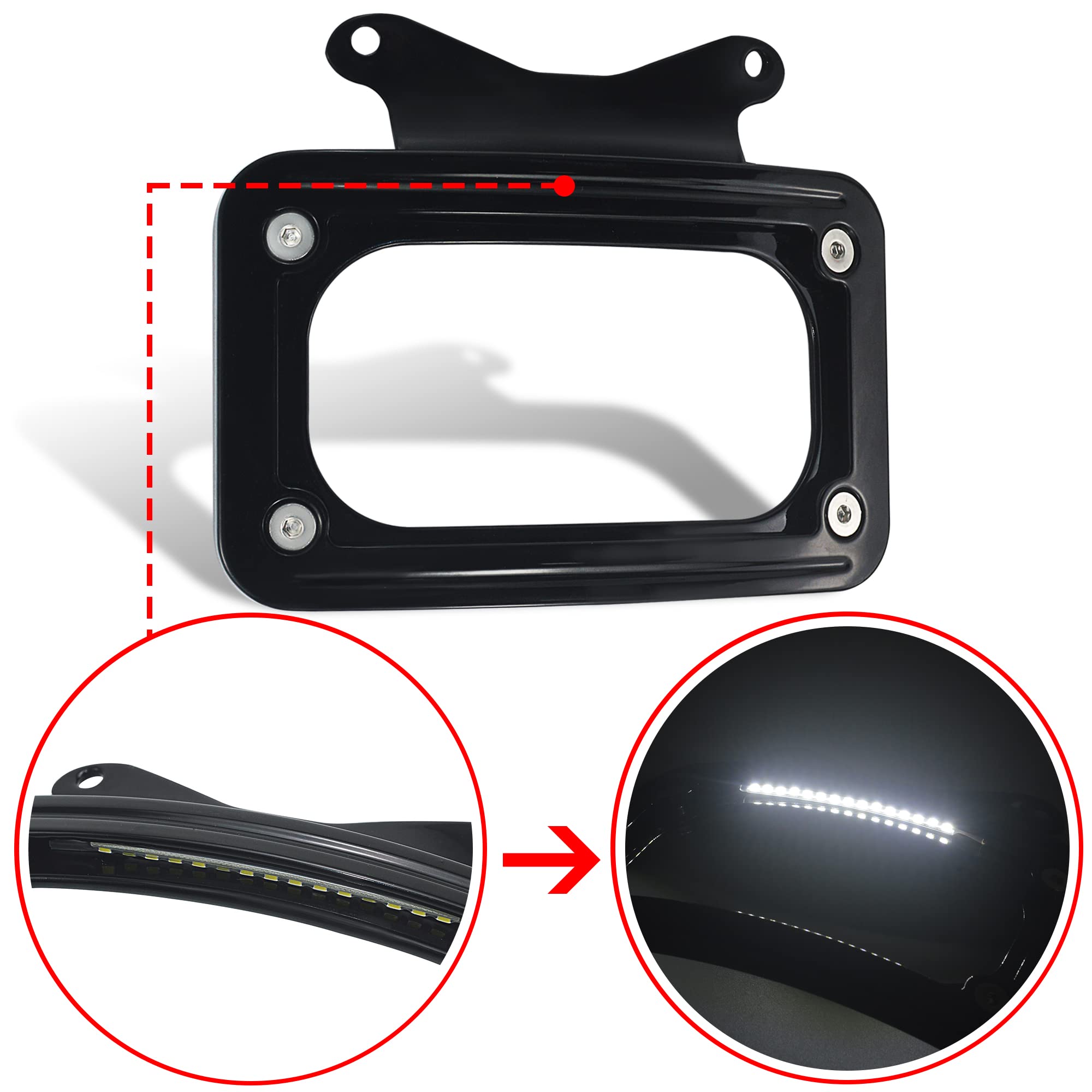 WOWTK Rear Fender Curved License Plate Frame with White LED for Harley Road Glide, Road King, Street Glide (2010-2024), Black, Metal