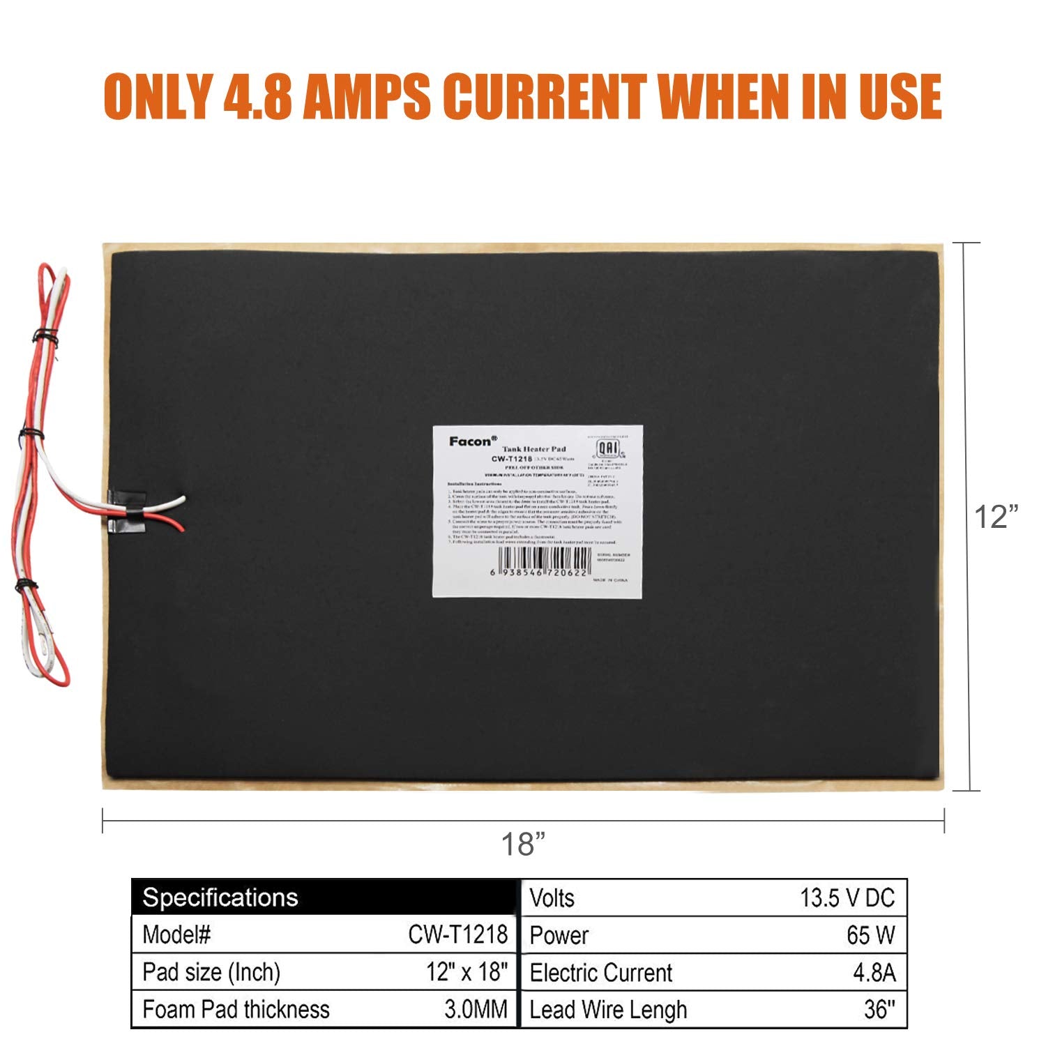 Facon RV Tank Heater Pads 12" x 18" with Thermostat, Black, Energy Efficient, QAI Certified, Prevents Freezing, Model CW-T1218