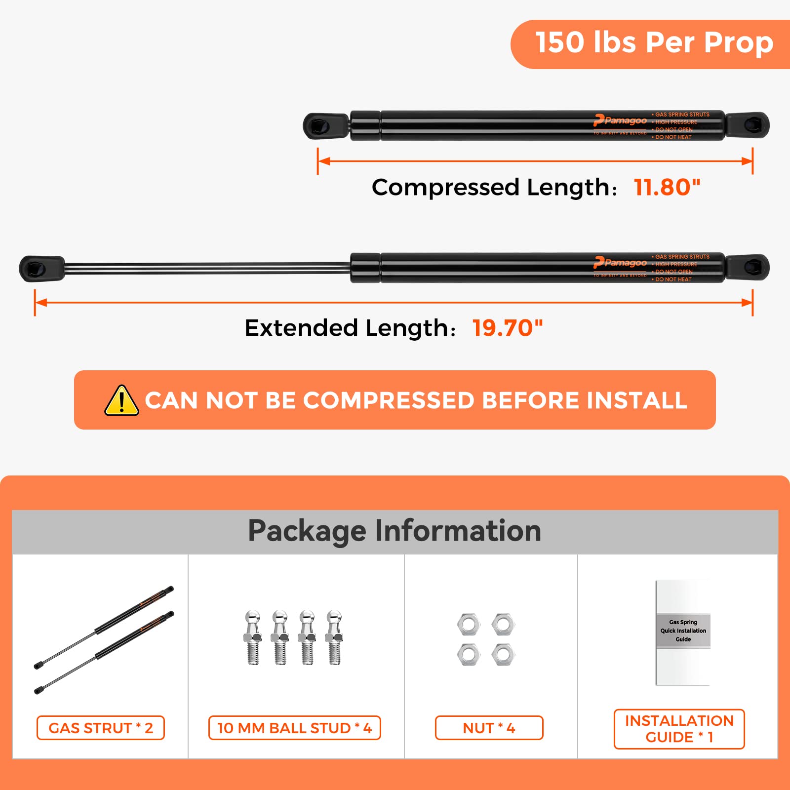PAMAGOO 20" Gas Prop Strut Shock 150 lbs (Qty 2) for RV Bed, Murphy Bed, Heavy-Duty Lift Support