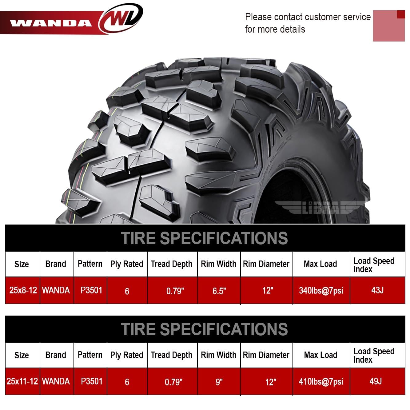 Wanda (2) 25X8-12 & (4) 25X11-12 Utv Atv Tires 6-Ply Set 6 Bighorn Style 6-Wheelers