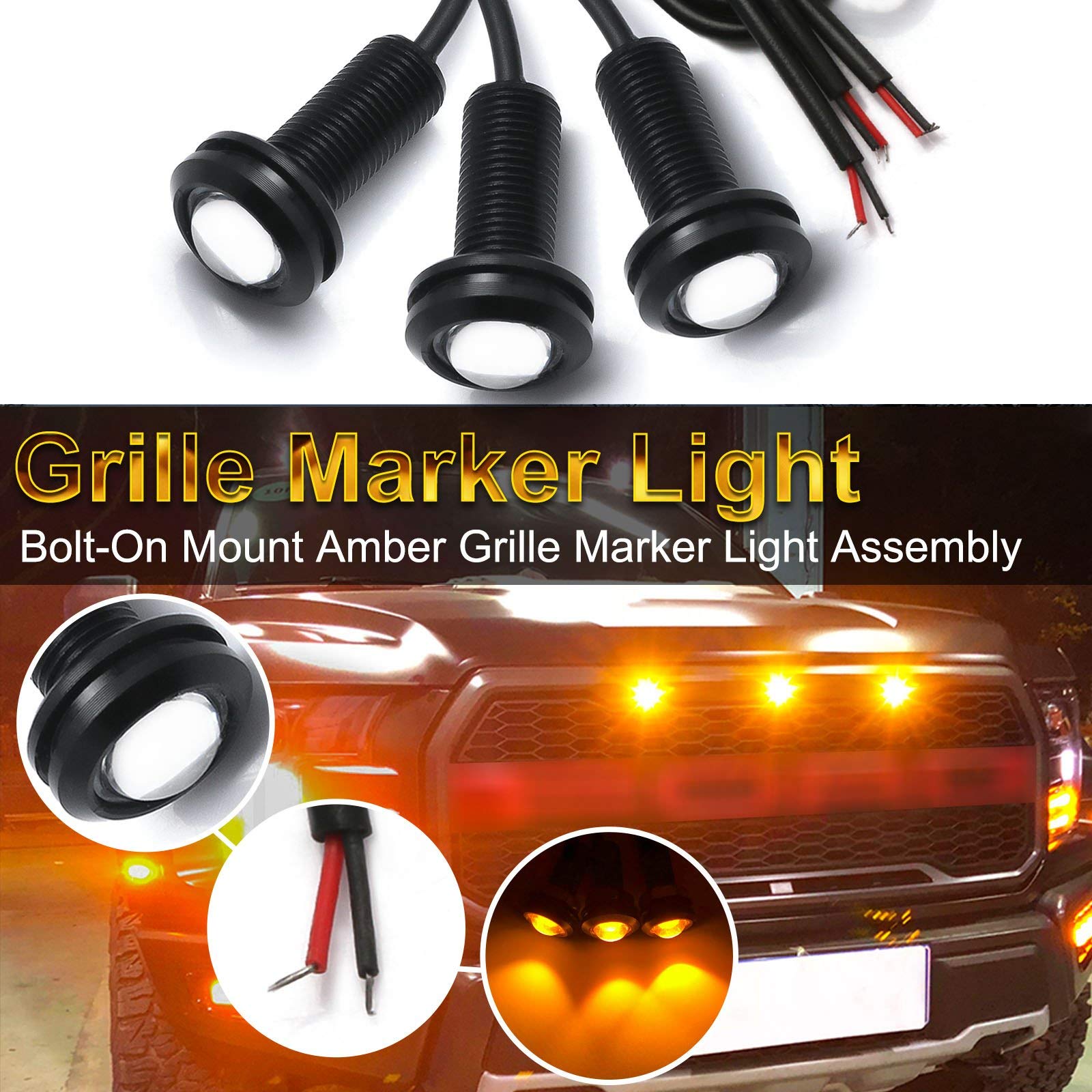 Xotic Tech 3pcs LED Front Grille Marker Lights, 18MM Amber Aluminum Alloy, #TL97-18MM, Compatible with Cars, Trucks, SUVs, Trailers