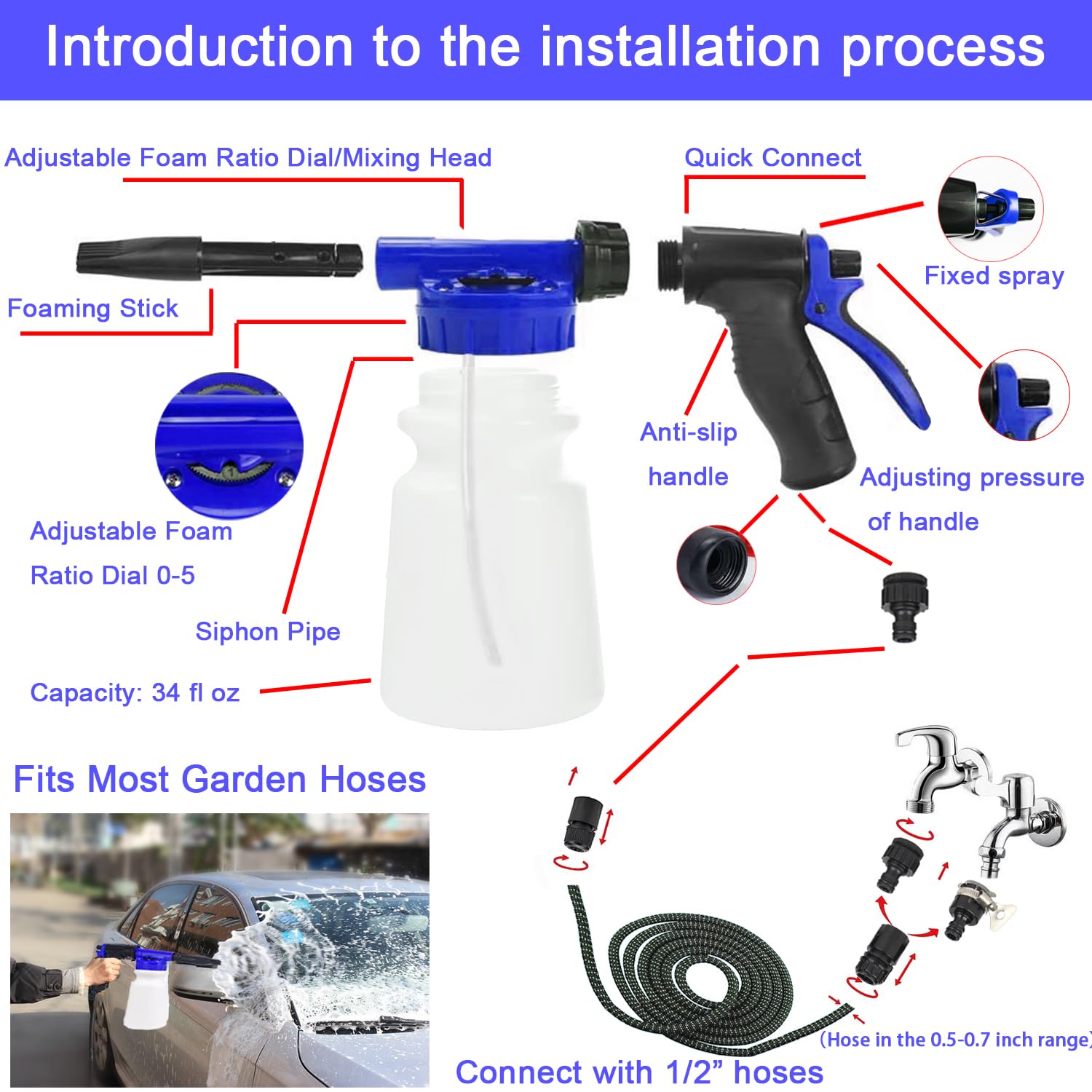 Lianxin 37Pcs Car Wash Detailing Kit Cleaning Kits With Foam Gun Sprayer Bucket Towels Tire Brush Wash Mitt Sponge Duster Brush