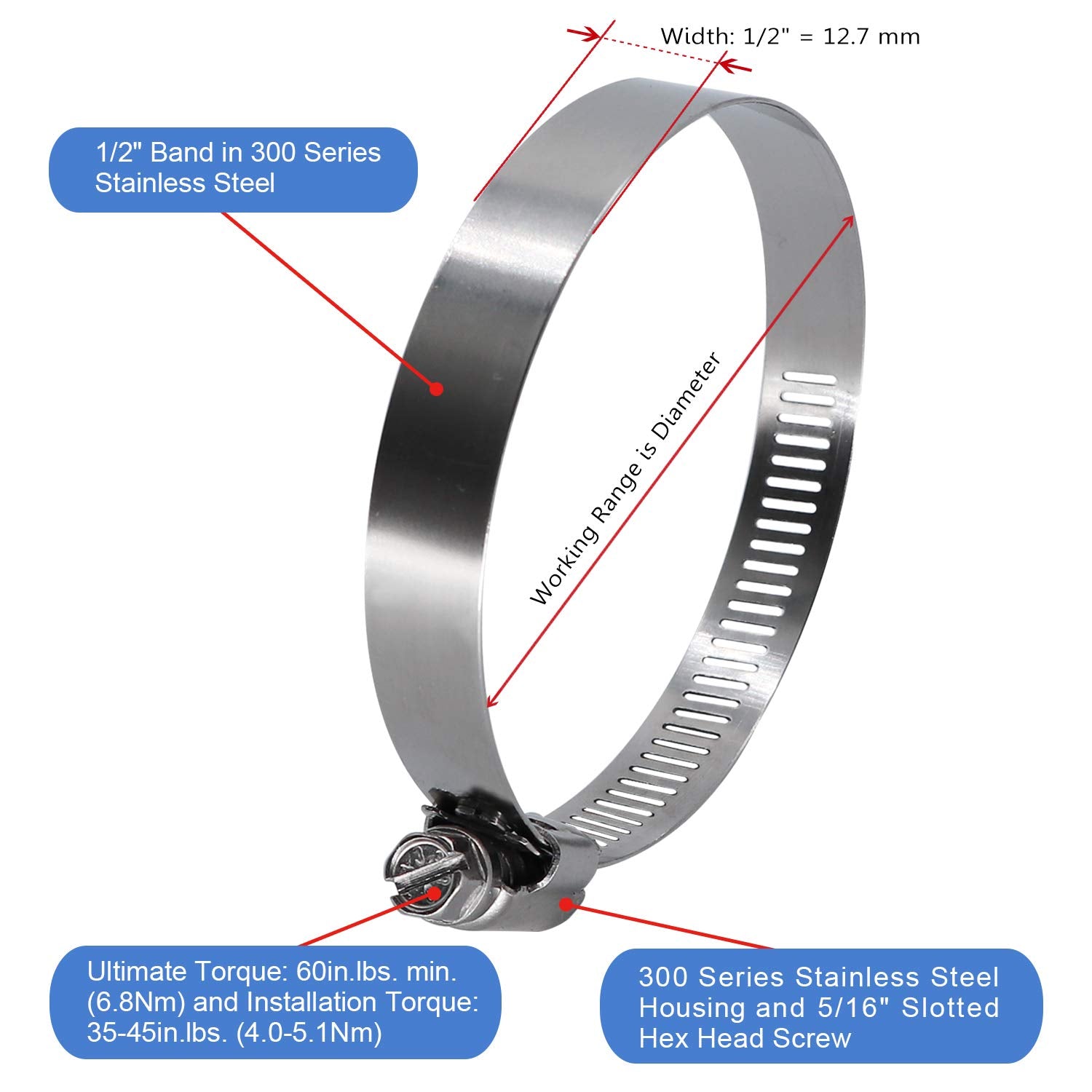 Roadformer 3.5'' Worm Gear Hose Clamp - Sae 56 Size, Full Stainless Steel With 1/2'' Band Width, Working Range 78Mm - 102Mm Hose