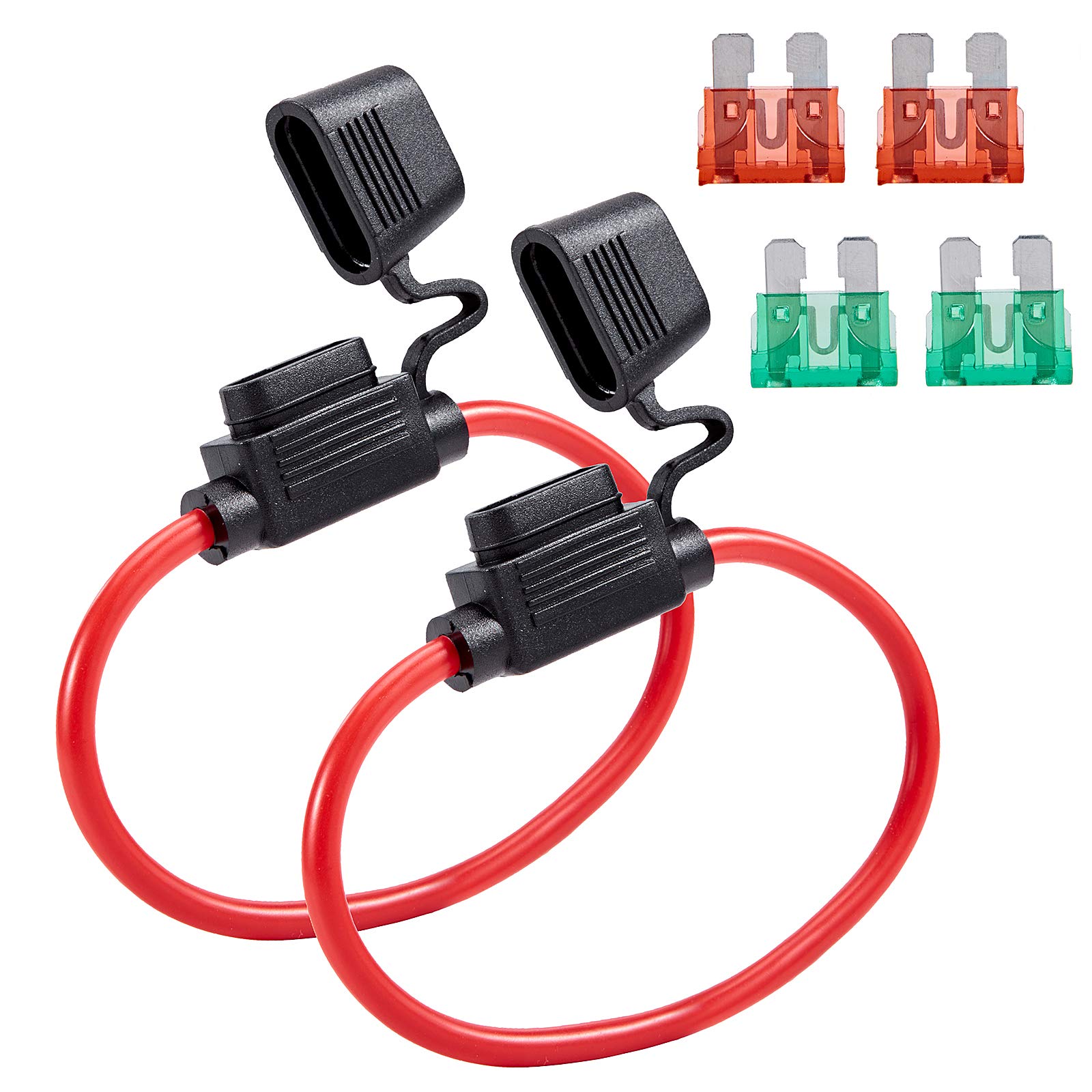 Febrytold 10 Gauge Inline Fuse Holder - 2 Pack Fuse Holder Waterproof Pigtail Fuse Relay With 2 Pack 30Amp Blade Fuse & 2 Pack 4