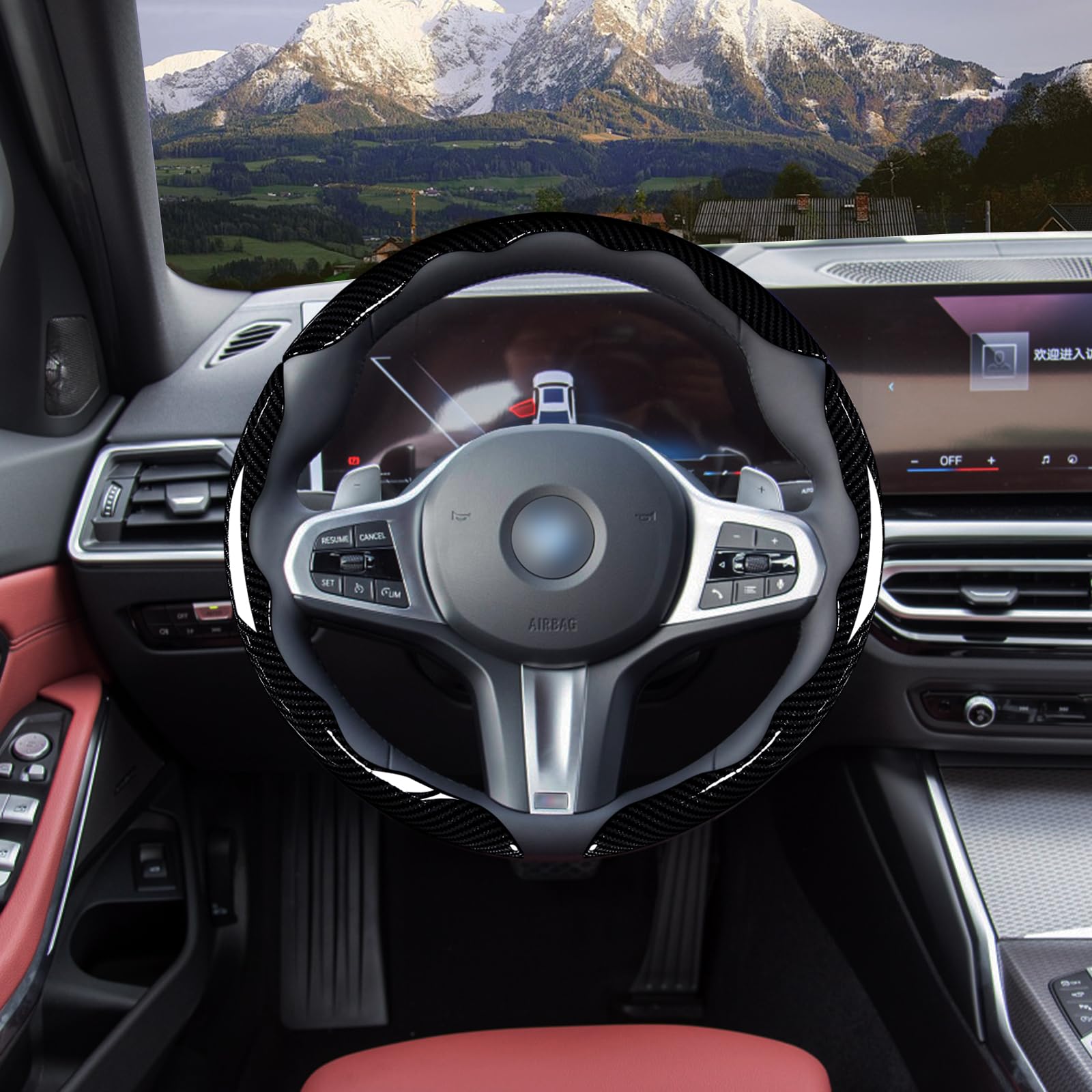 Car Steering Wheel Cover Set Bright Carbon Fiber Wrap Non-Slip 3pcs Steering Wheel Accessories 14.5-15 inch Universal (Black)
