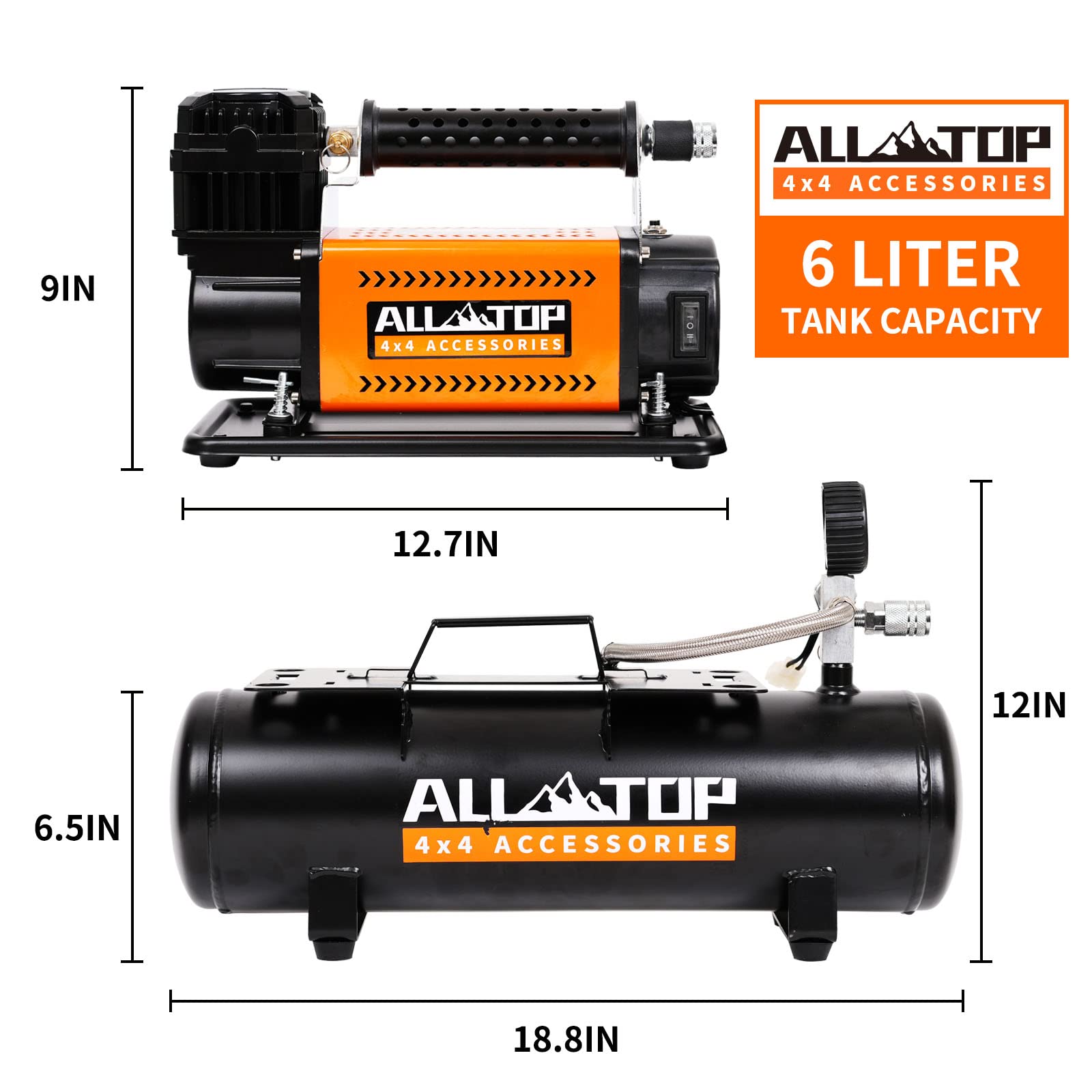 ALL-TOP 12V Air Compressor Kit - 6L Oil-Free Tank, 200 L/Min, Max 150PSI for Truck & SUV Tires