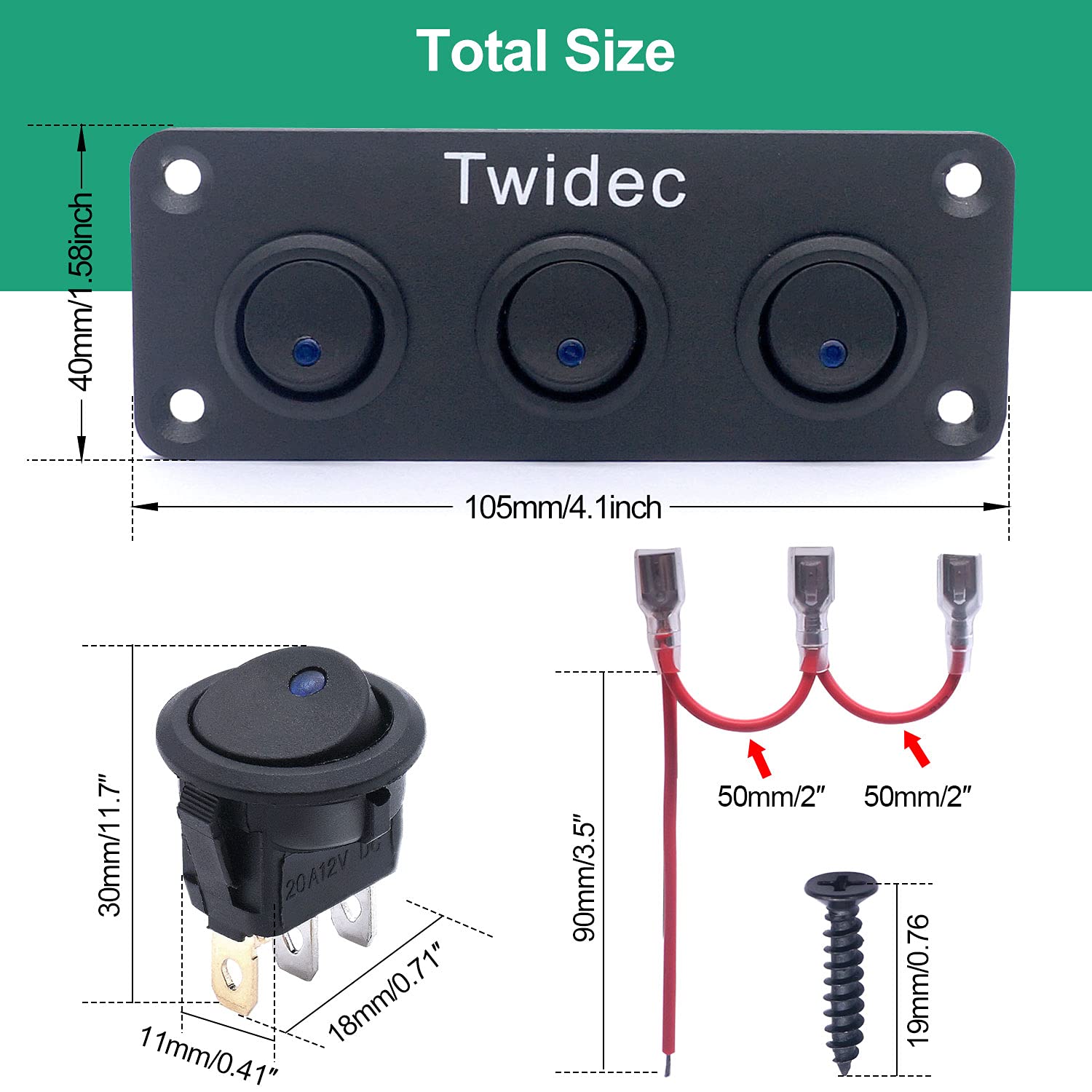 Twidec/3 Gang Rocker Toggle Switch Panel with 12V DC Round Dot Lighted 20A 3 Pins ON/Off SPST Switch Control for Car Or Boat Blu